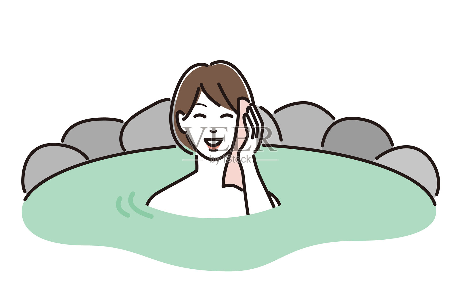 一位女性在露天浴池中洗澡插画图片素材