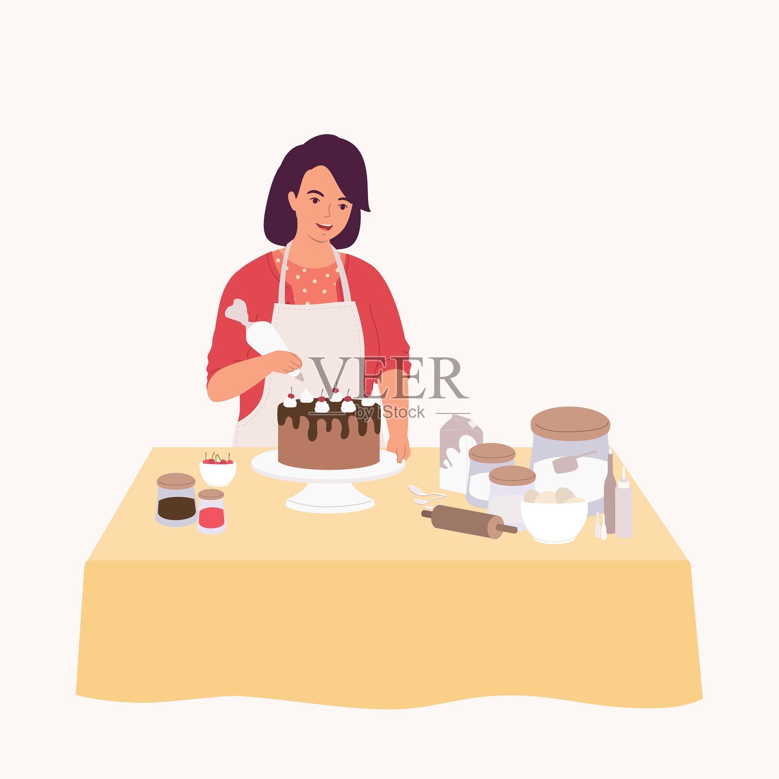 女人在给蛋糕装饰奶油。烘焙。插画图片素材