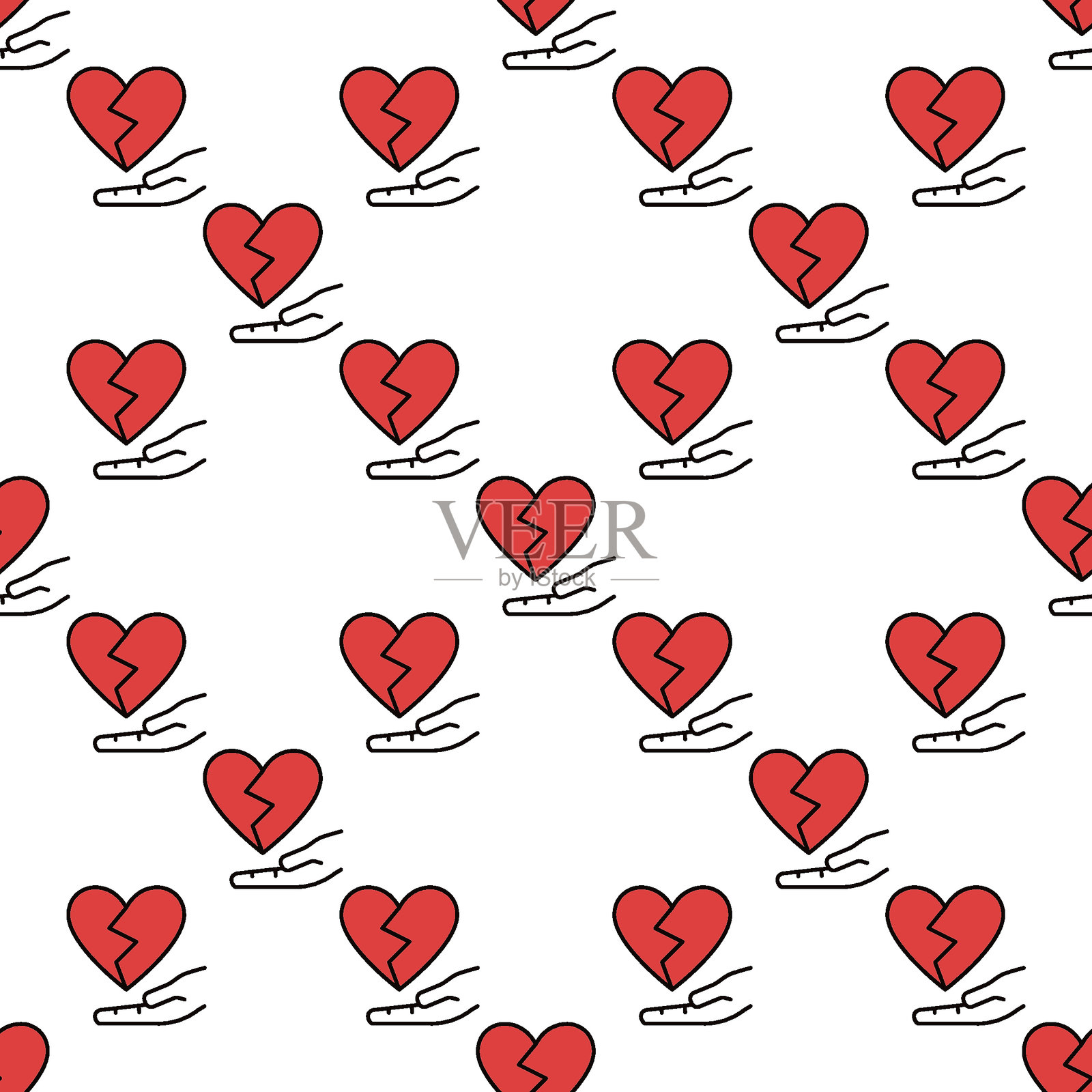 红色破碎心形和手的矢量彩色无缝图案插画图片素材