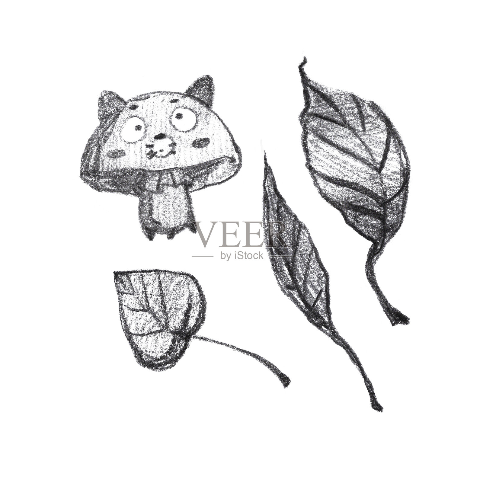 一组以草图风格绘制的插图，描绘了以蘑菇和叶子形态呈现的搞笑猫咪插画图片素材