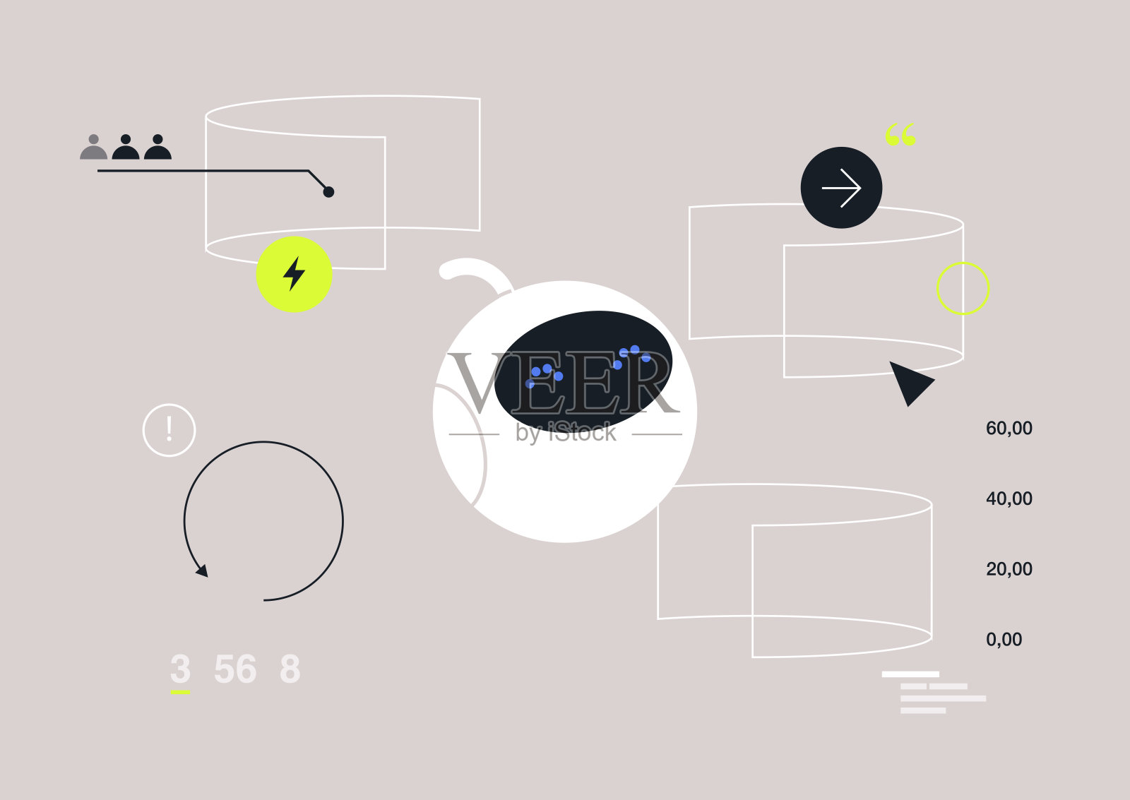 曲面屏幕环绕着一个未来派的人工智能机器人，展示动态数据和创新设计，体现了现代工作空间中技术与互动的未来。插画图片素材