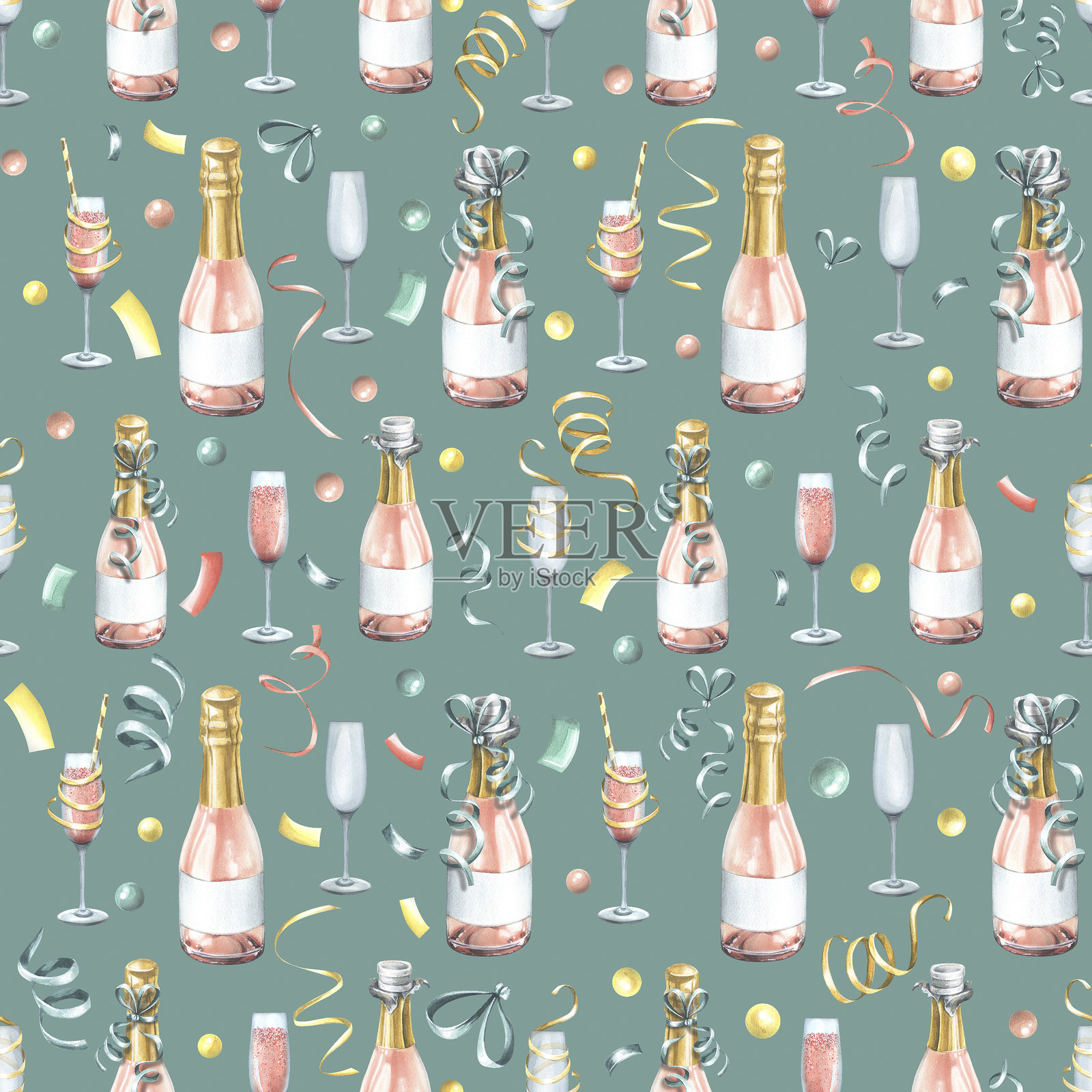 粉色香槟的瓶子和酒杯，配有节日彩带。水彩插图。来自大型“生日快乐”系列的无缝图案，背景为青绿色，适合祝贺和赠礼。插画图片素材