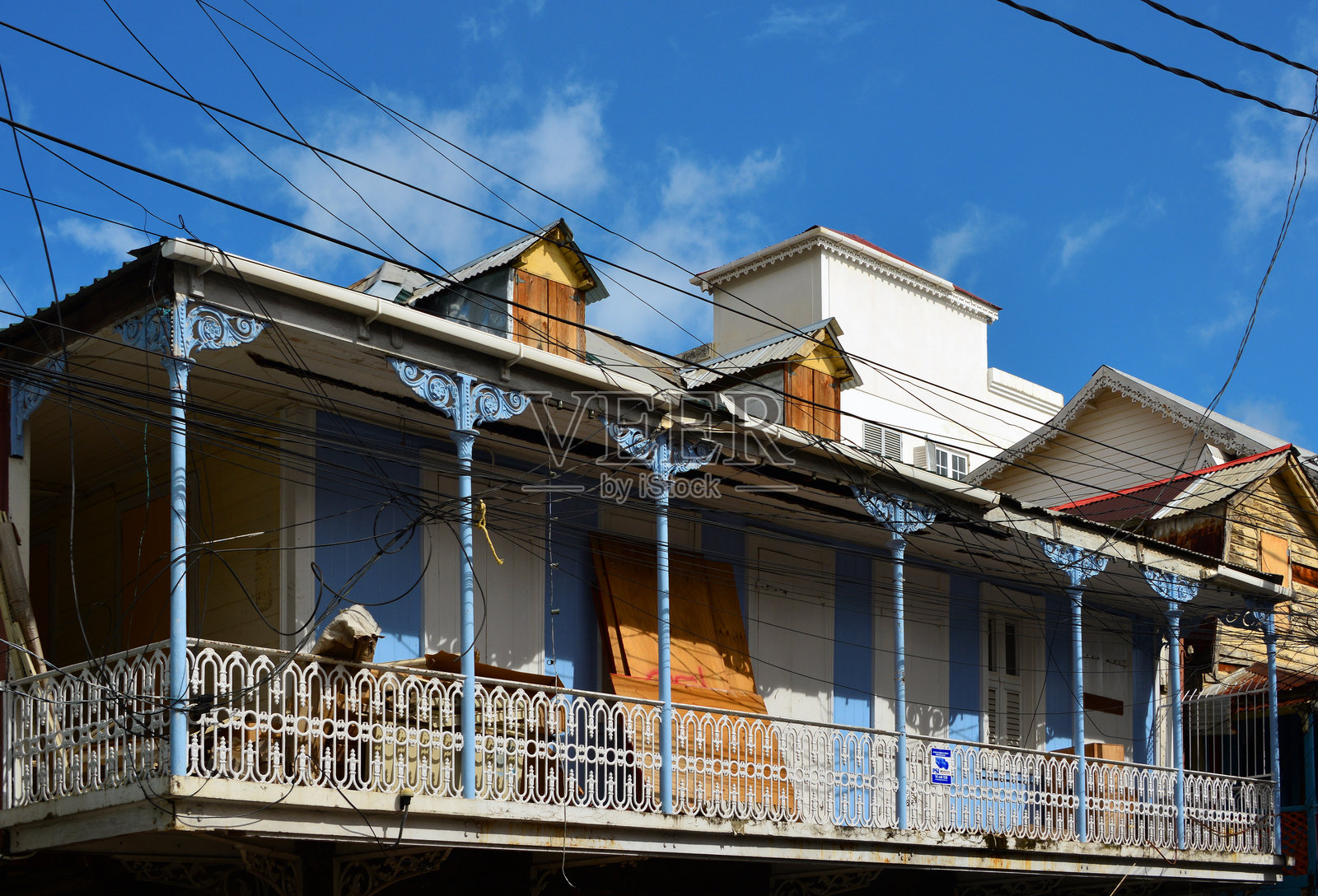 加勒比建筑 - 华丽的阳台，罗索，多米尼克照片摄影图片