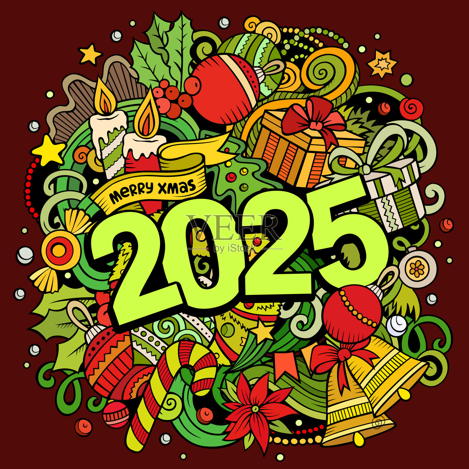 2025年涂鸦插图。新年物品和元素设计插画图片素材