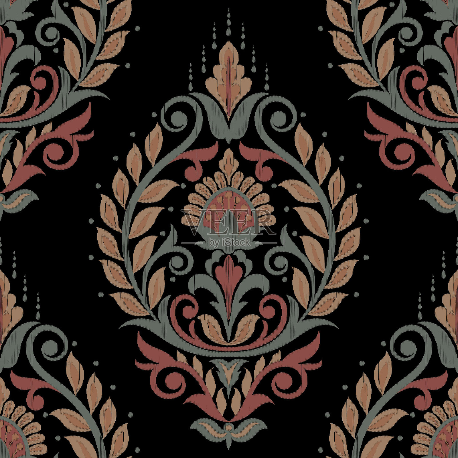 几何民族东方伊卡特无缝图案，传统设计用于背景、地毯、壁纸、服装、包装、蜡染、面料，矢量插图刺绣风格。插画图片素材