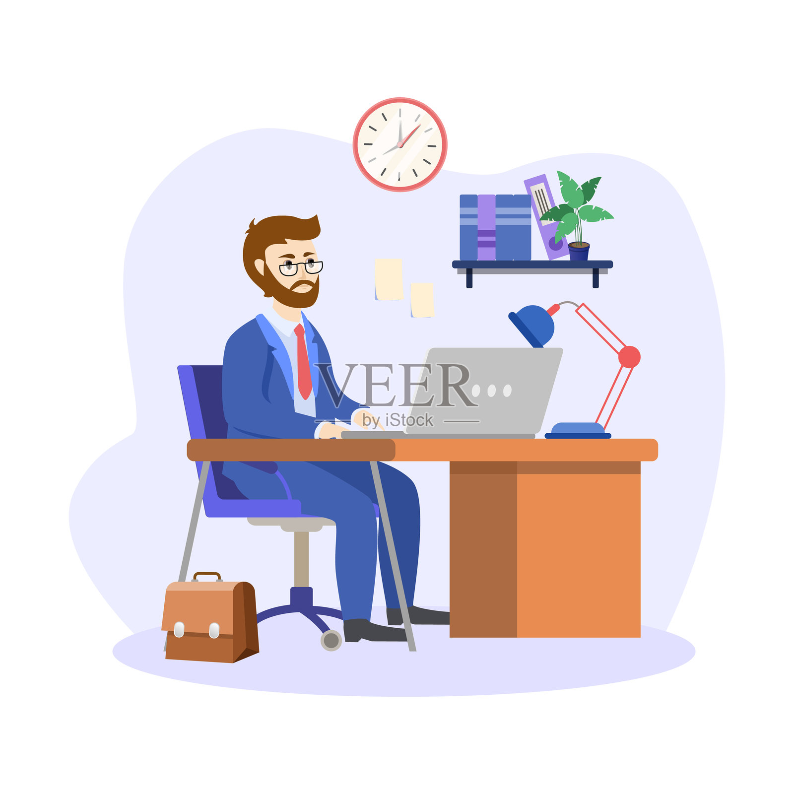 商人在办公室使用笔记本电脑：高效而富有成效的工作日插画图片素材