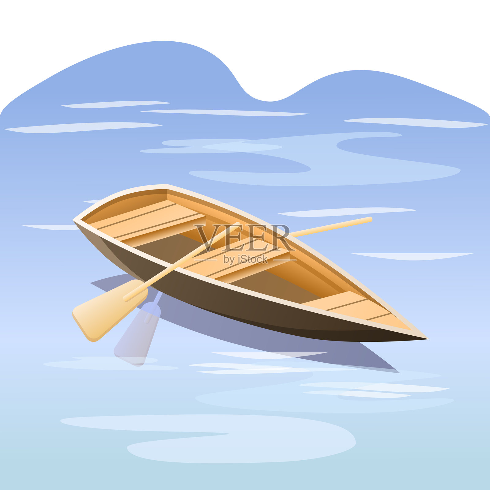 空的木划艇漂浮在平静的蓝色水面上插画图片素材