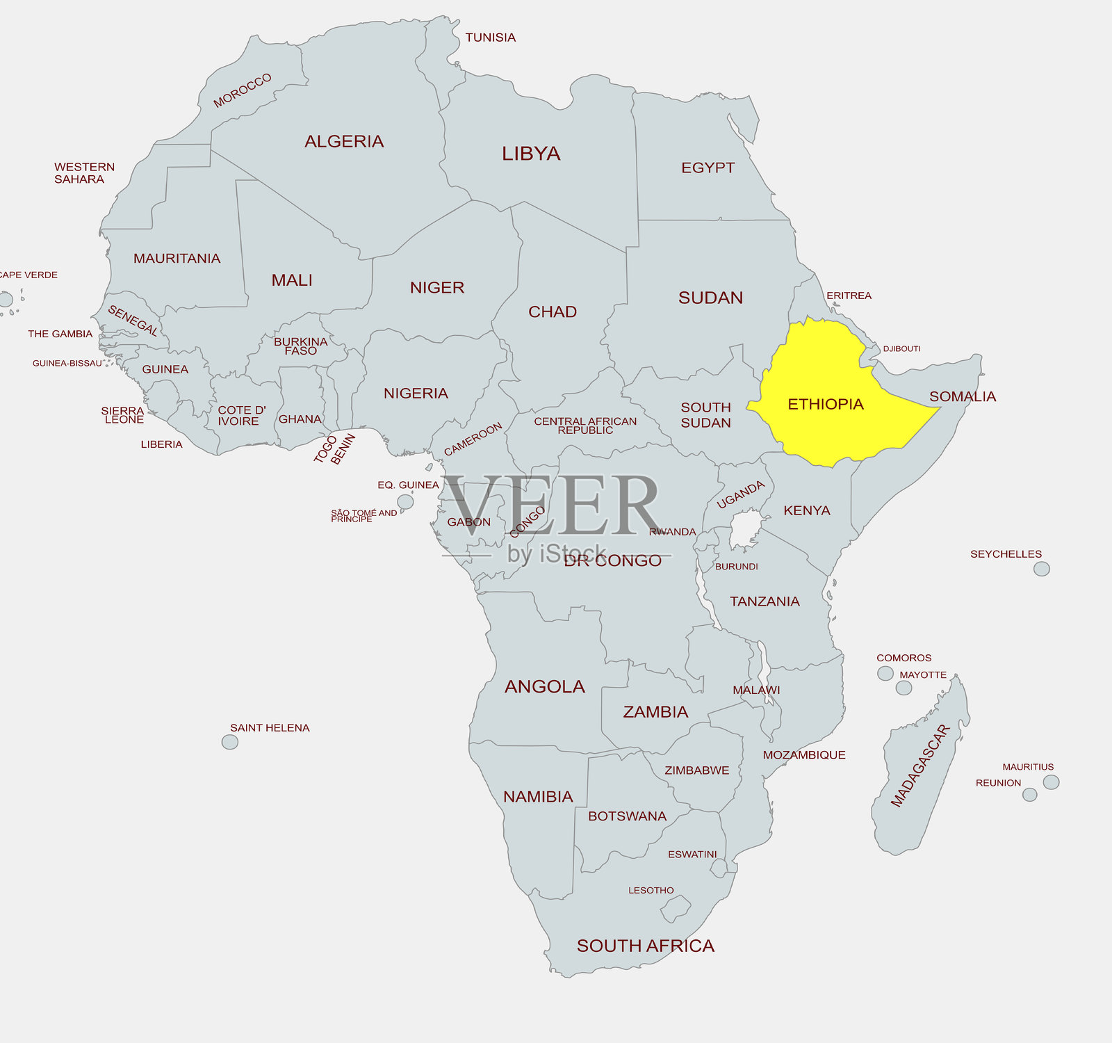 非洲政治地图，埃塞俄比亚突出显示，展示国家边界和名称。插画图片素材