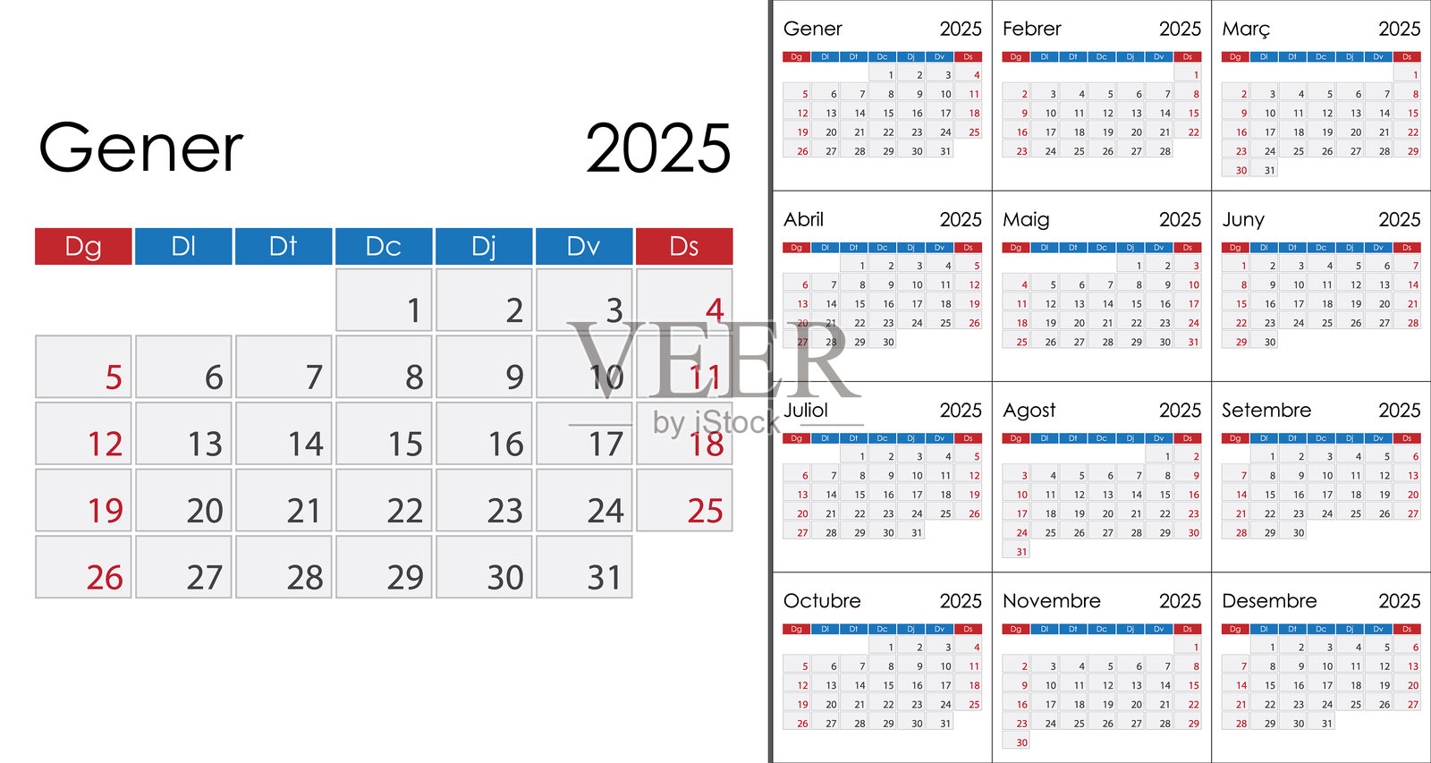 Calendar 2025 on Catalan language, week start on Sunday插画图片素材