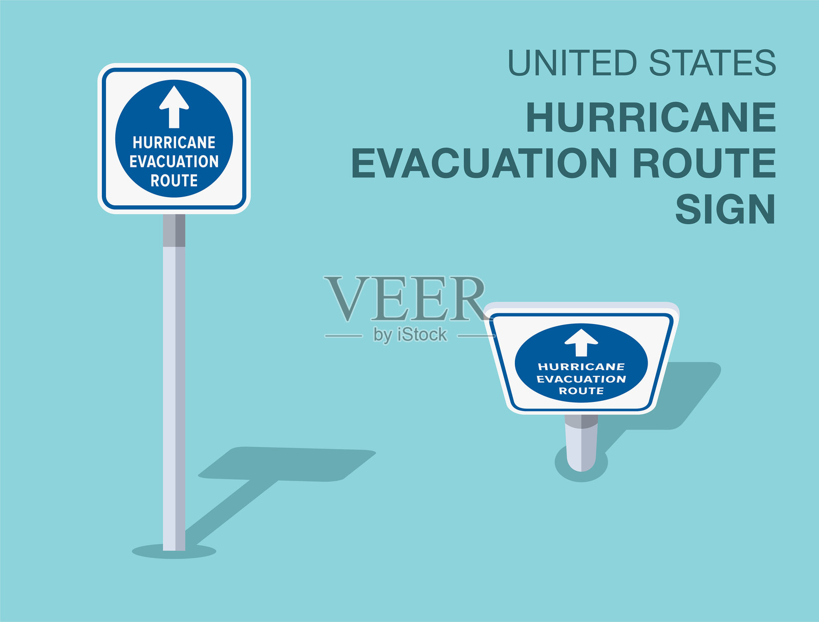 交通规则标志。孤立的美国“飓风撤离路线”路标。正面和顶部视图。矢量插图模板。插画图片素材