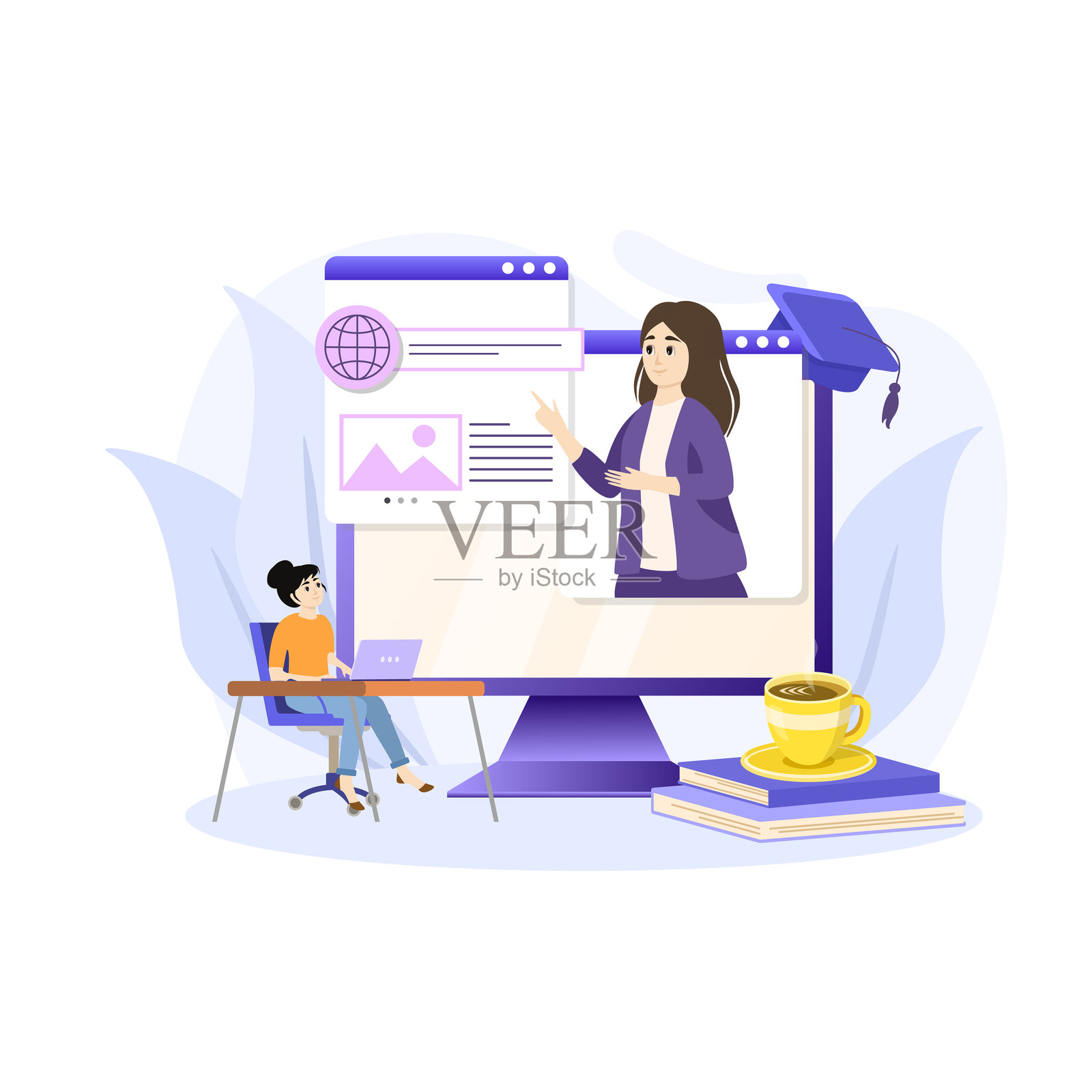 学生使用计算机和互联网技术参加在线课程插画图片素材