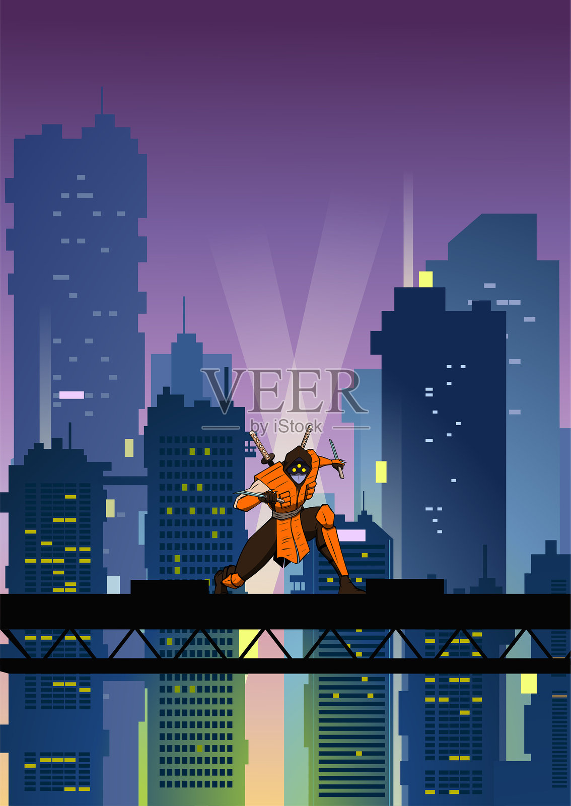 赛博朋克城市背景的矢量赛博忍者插图插画图片素材