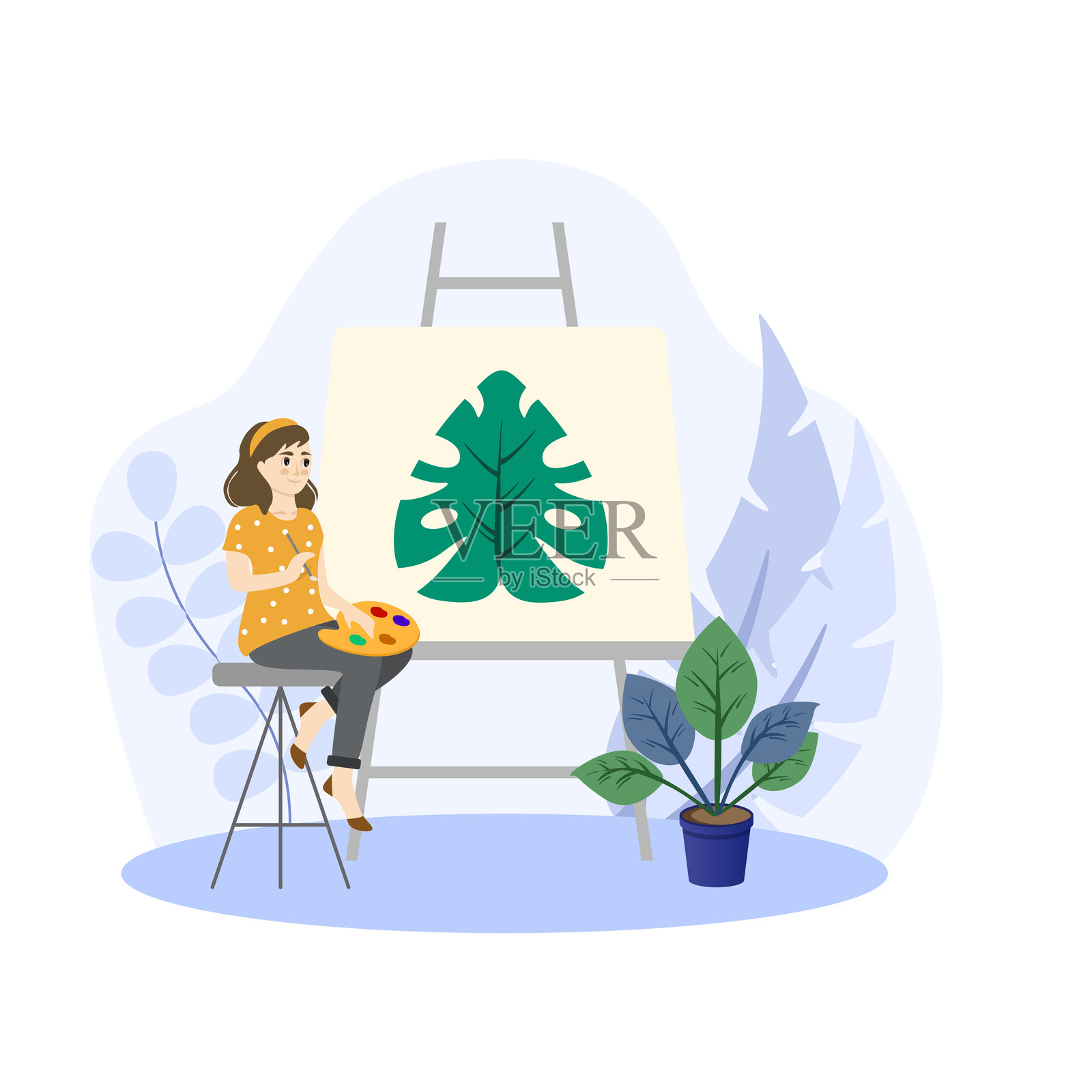 年轻艺术家在艺术工作室里画热带叶子。插画图片素材