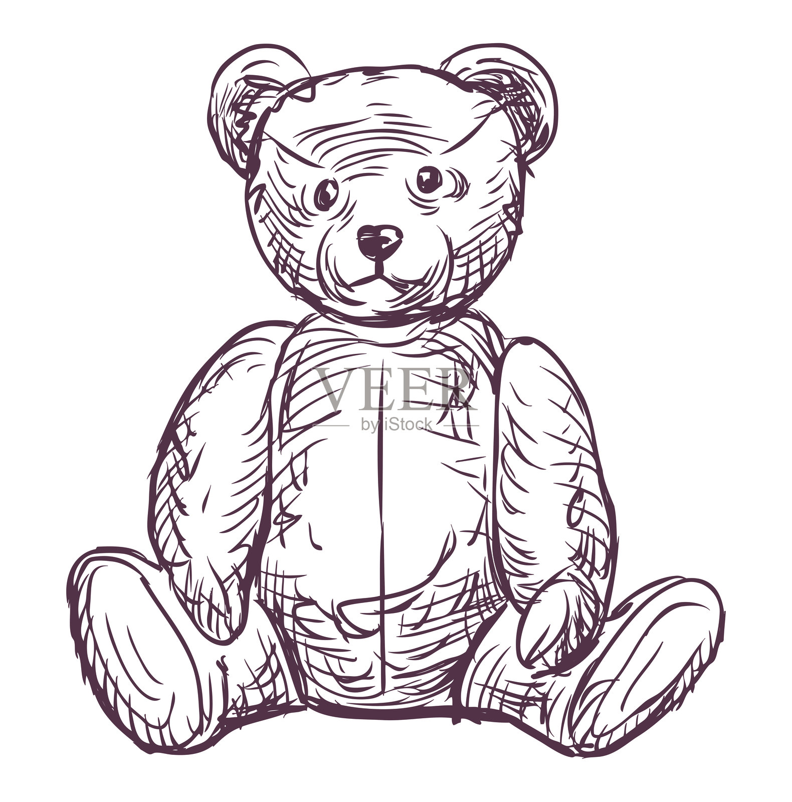 复古泰迪熊毛绒玩具素描涂鸦矢量轮廓手绘插图，背景为白色插画图片素材