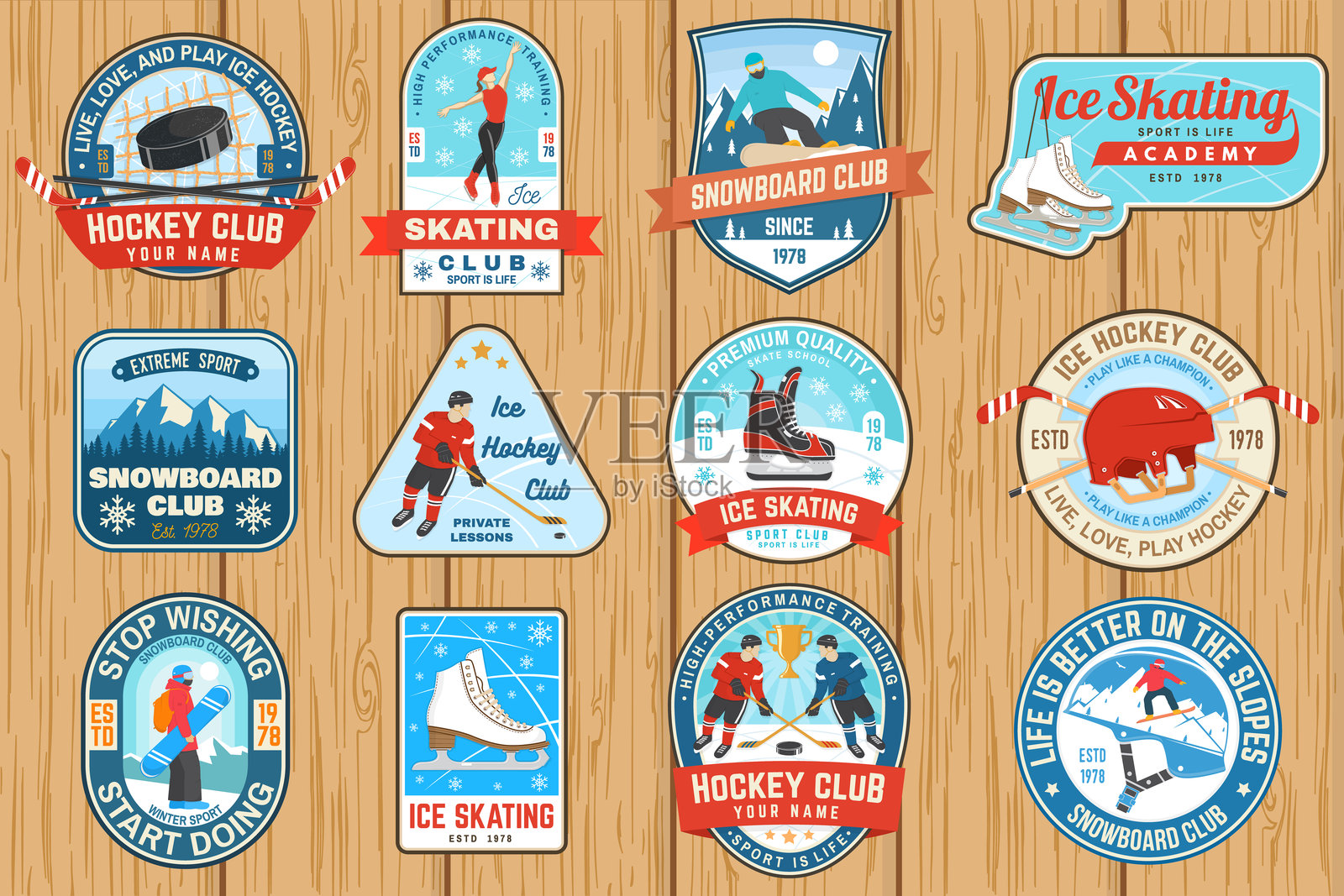 冰球、滑雪板和冰 skating 俱乐部的标志、补丁，包含滑雪板运动员、滑雪者、冰球运动员、贴纸、冰球、滑冰鞋、头盔、冰女滑冰者。冬季运动。矢量图。插画图片素材