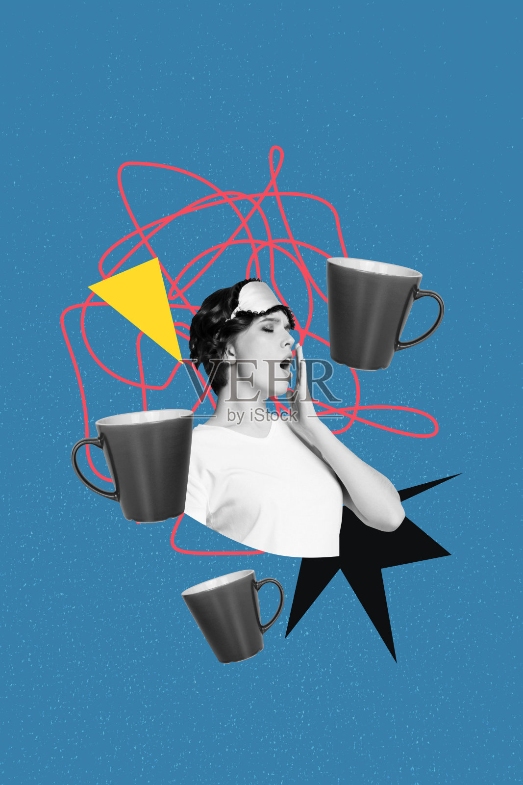 年轻女性打哈欠，手持咖啡杯的3D照片拼贴艺术作品，展现团队的早安、困倦和咖啡因的设计趋势。照片摄影图片
