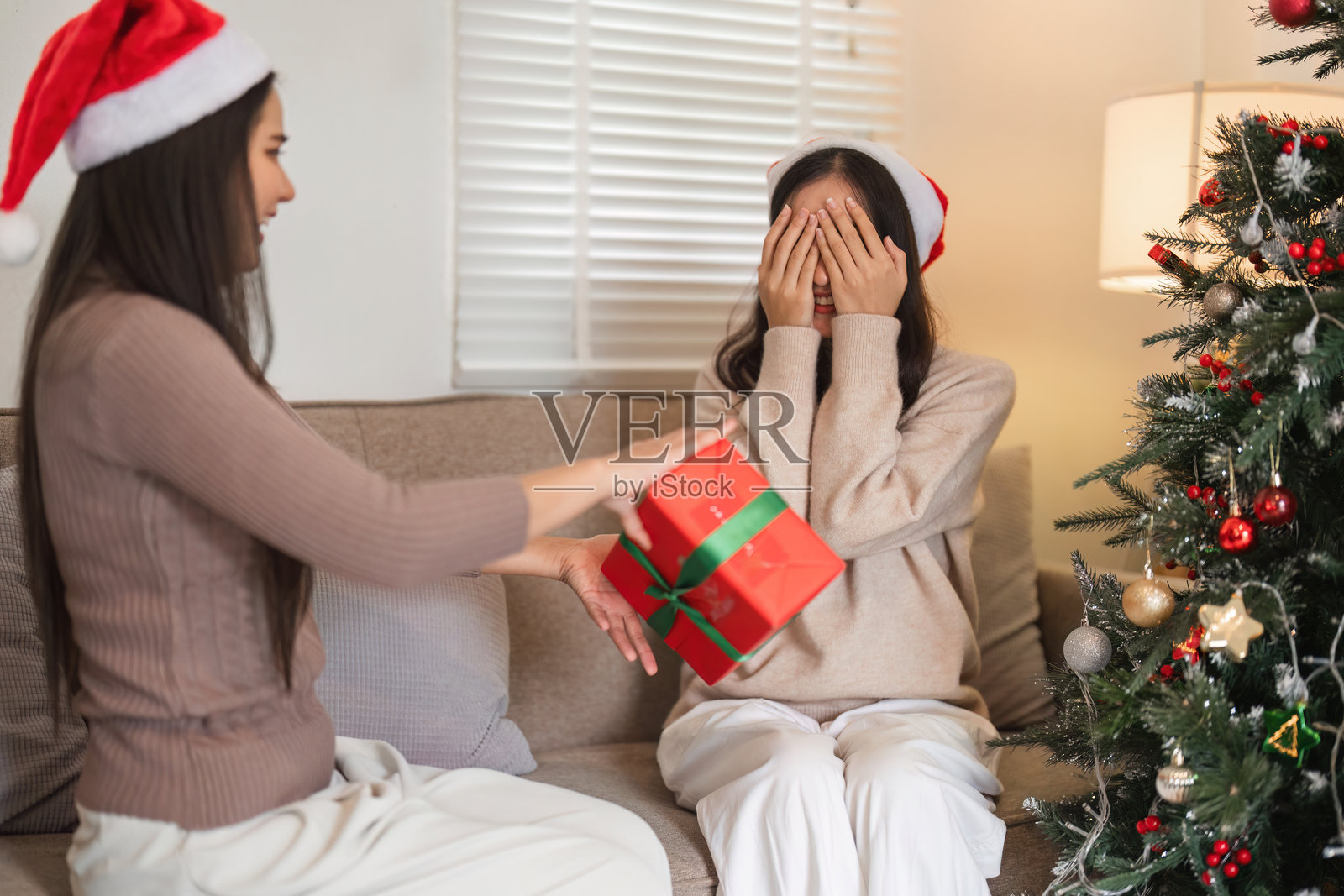 年轻女性情侣在温馨的圣诞节庆祝活动中互相惊喜送礼盒照片摄影图片