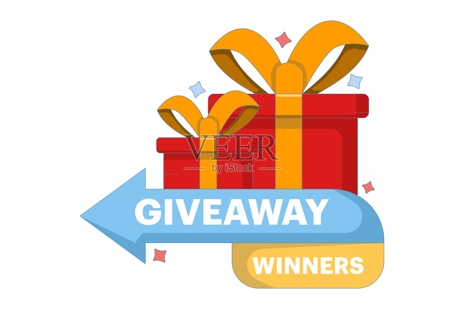 社交媒体抽奖获奖者概念，惊喜礼包，客户礼物。用于抽奖广告的礼品盒，现代扁平风格的孤立点赞或转发图标。插画图片素材