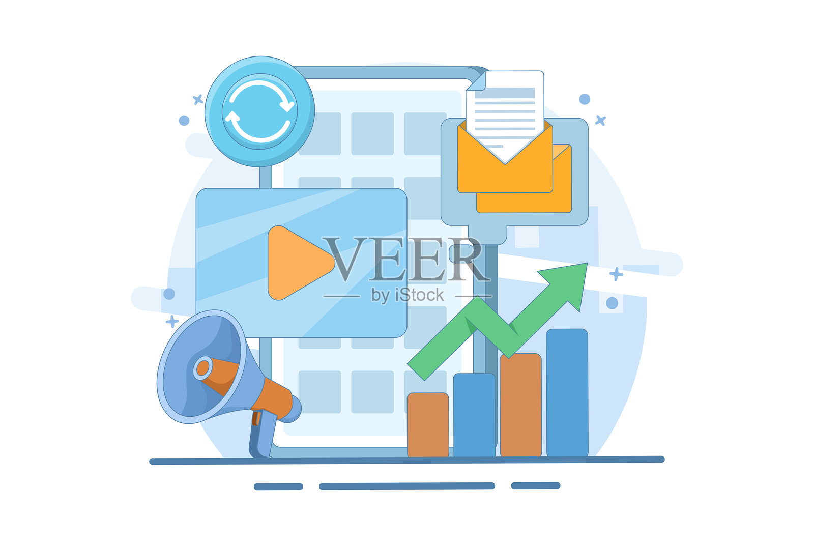 营销自动化概念。自动化、可重复和更高效的营销系统。数字营销与技术。电脑显示器。扁平风格设计矢量插图。插画图片素材