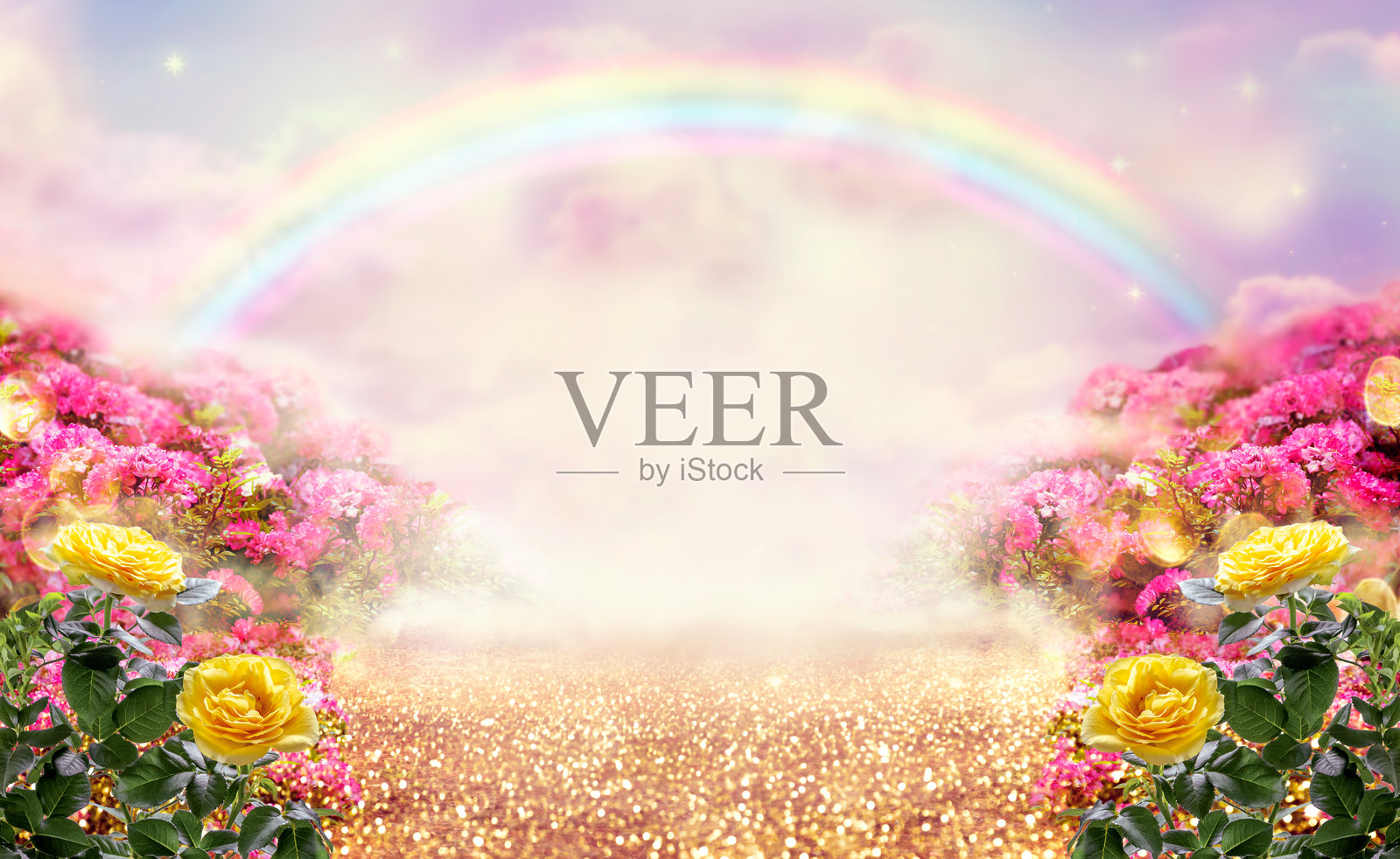 梦幻照片背景，玫瑰花园，通往华丽彩虹独角兽房子的道路。田园诗般宁静的清晨场景。道路穿过仙女山丘。照片摄影图片