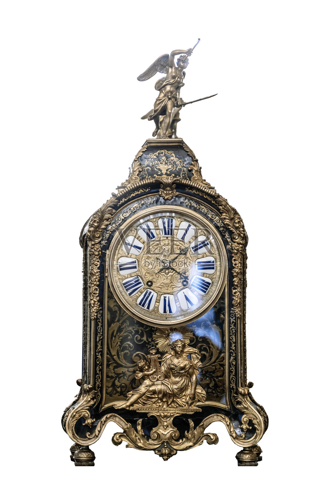 复古手表。古董巴洛克风格时钟，背景为空白。照片摄影图片