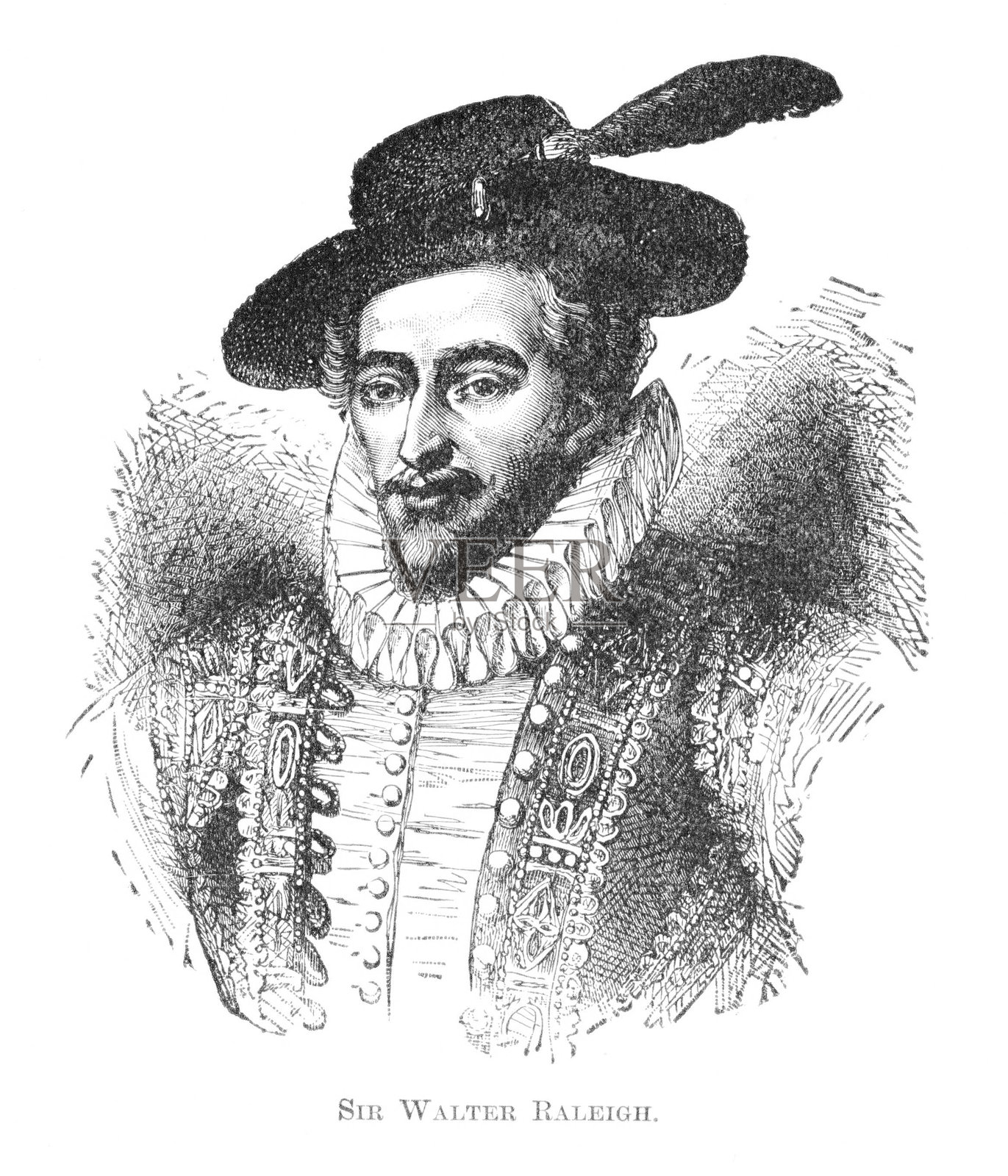 沃尔特·罗利肖像，16至17世纪世界历史插画图片素材