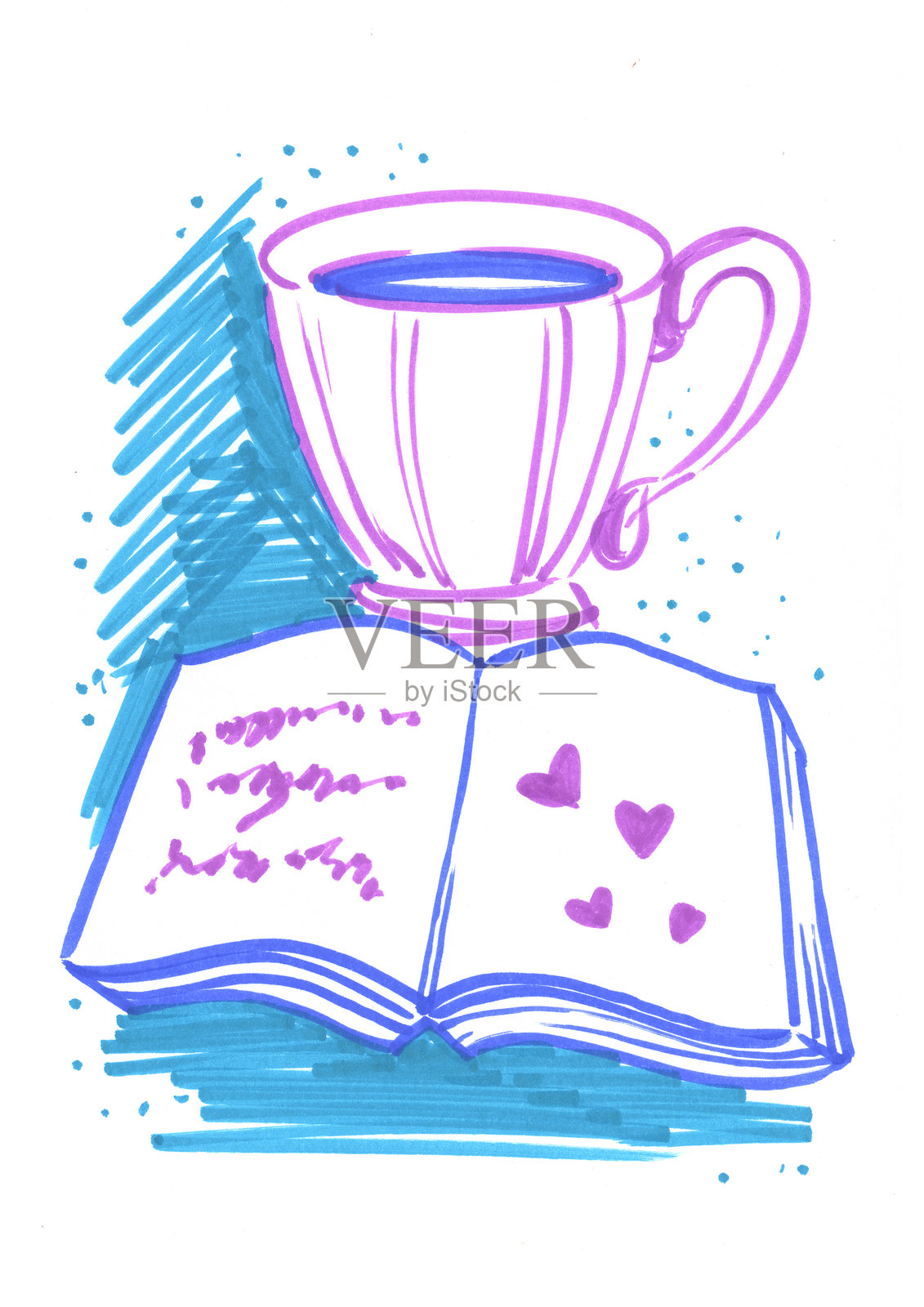 一杯早晨咖啡与一本书，白色背景上的插图插画图片素材