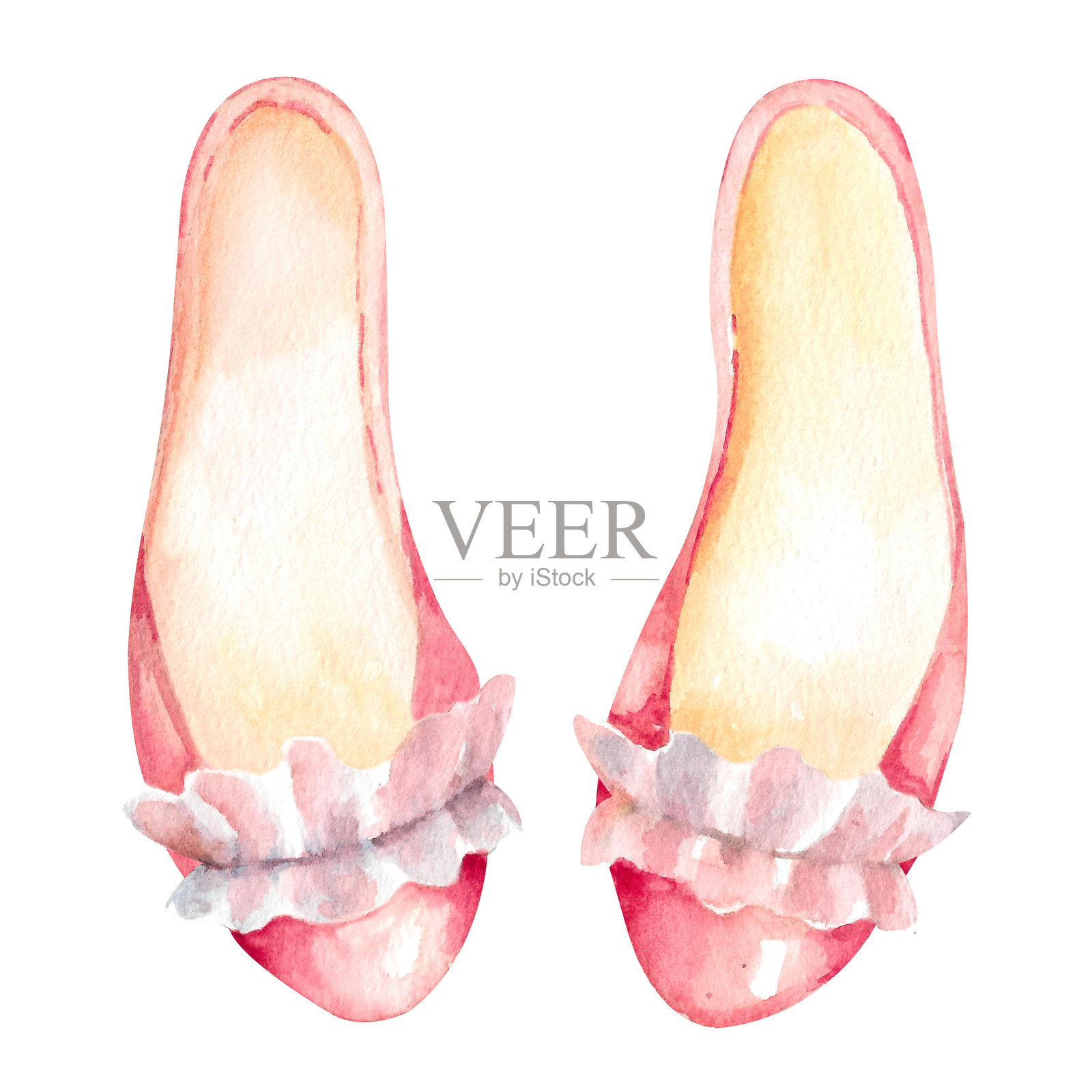 水彩粉色芭蕾舞鞋，带有丝带。白色背景上的手绘插图设计。插画图片素材