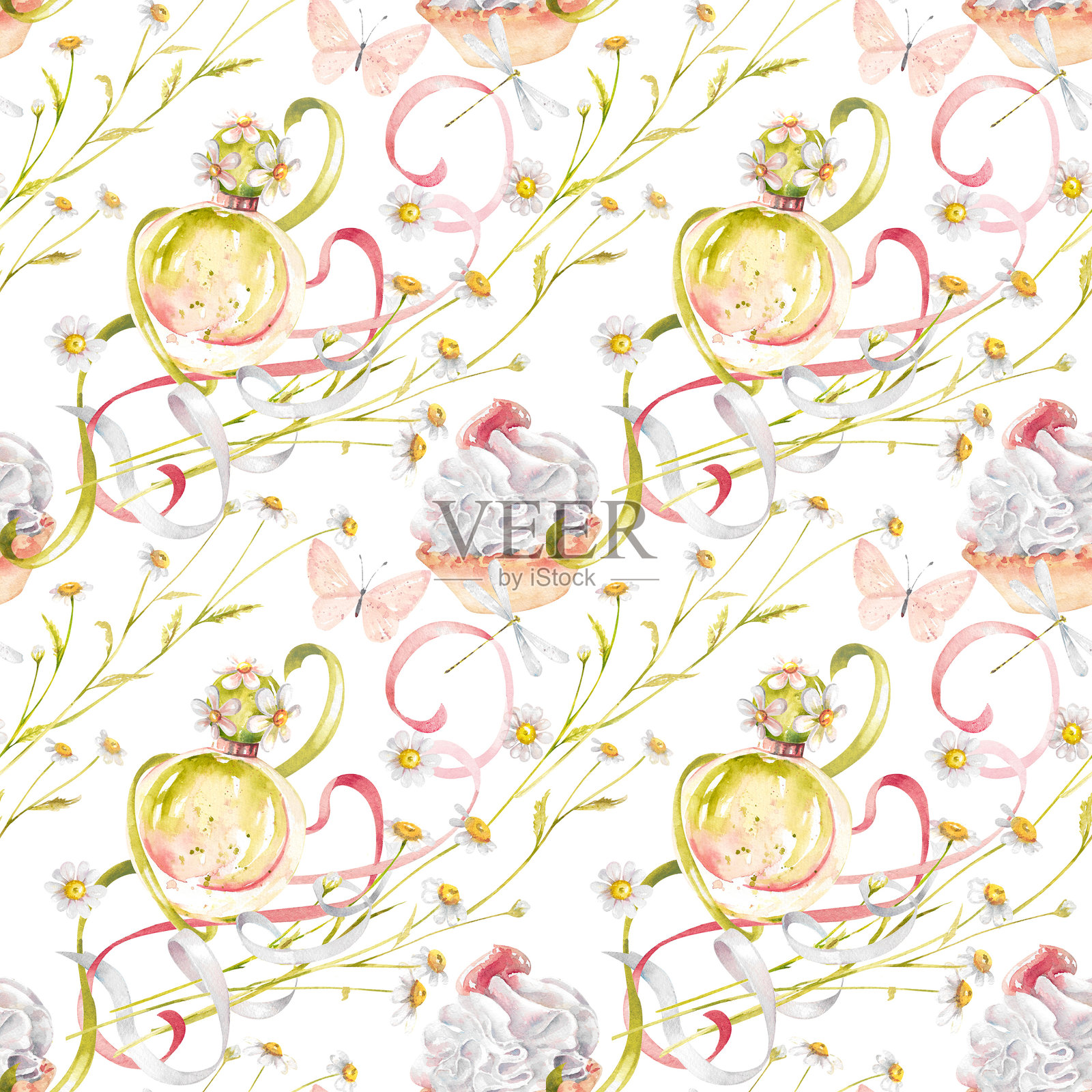 优雅的水彩无缝图案，包含丝带、黄油饼干、蝴蝶结、香水、雏菊和蝴蝶插画图片素材