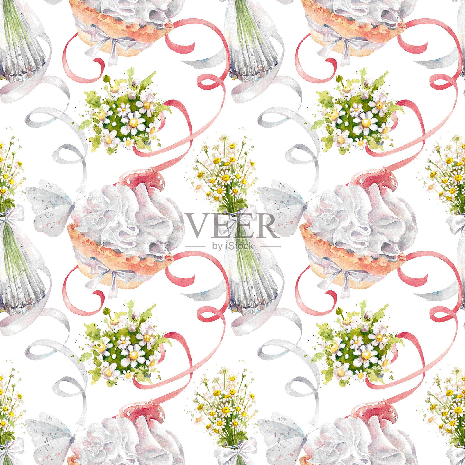 手绘水彩婚礼无缝图案。丝带、蝴蝶结、黄油饼干、雏菊、蝴蝶插画图片素材