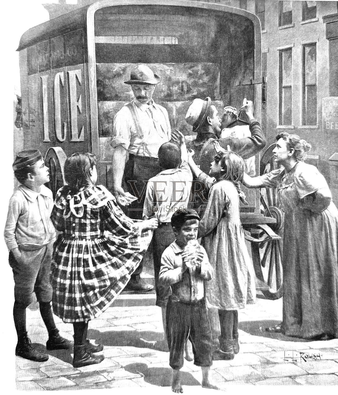 在冰淇淋车旁，前景中一个快乐的男孩正在舔冰淇淋。插画图片素材