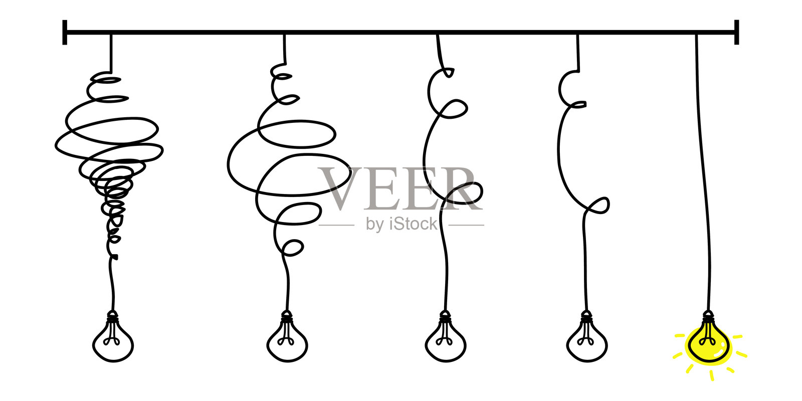 涂鸦风格的灯泡创意图标。简化复杂性，清晰或路径的矢量创意概念与灯泡。矢量插图插画图片素材