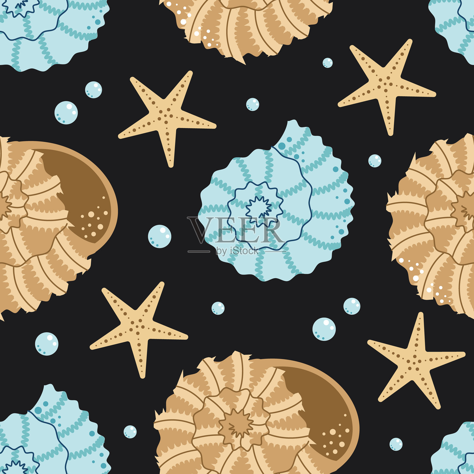 无缝图案，包含海贝、海星和软体动物。热带海底沙滩。海洋异域风情。平面矢量插图。插画图片素材