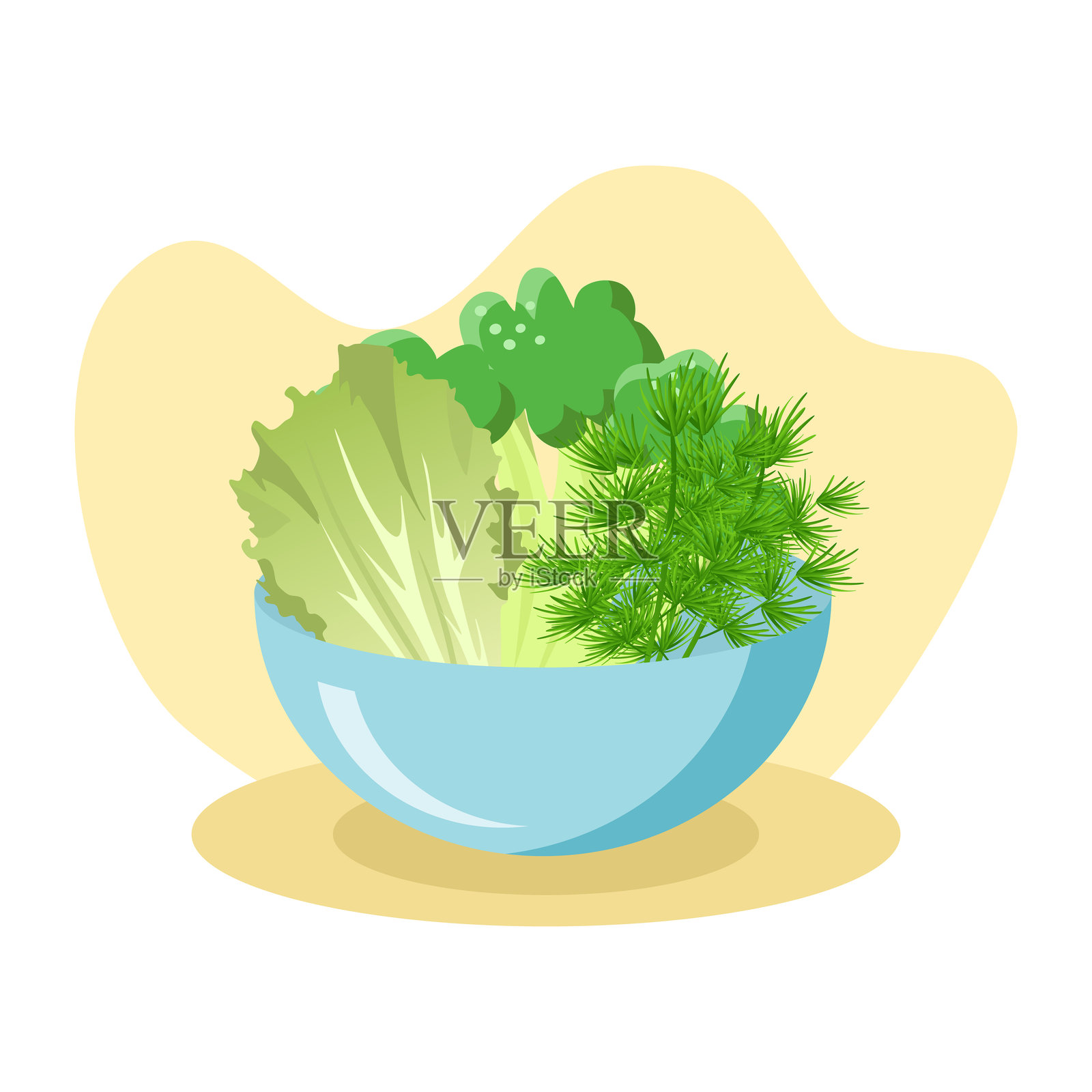 新鲜的绿色蔬菜装满了浅蓝色的碗插画图片素材