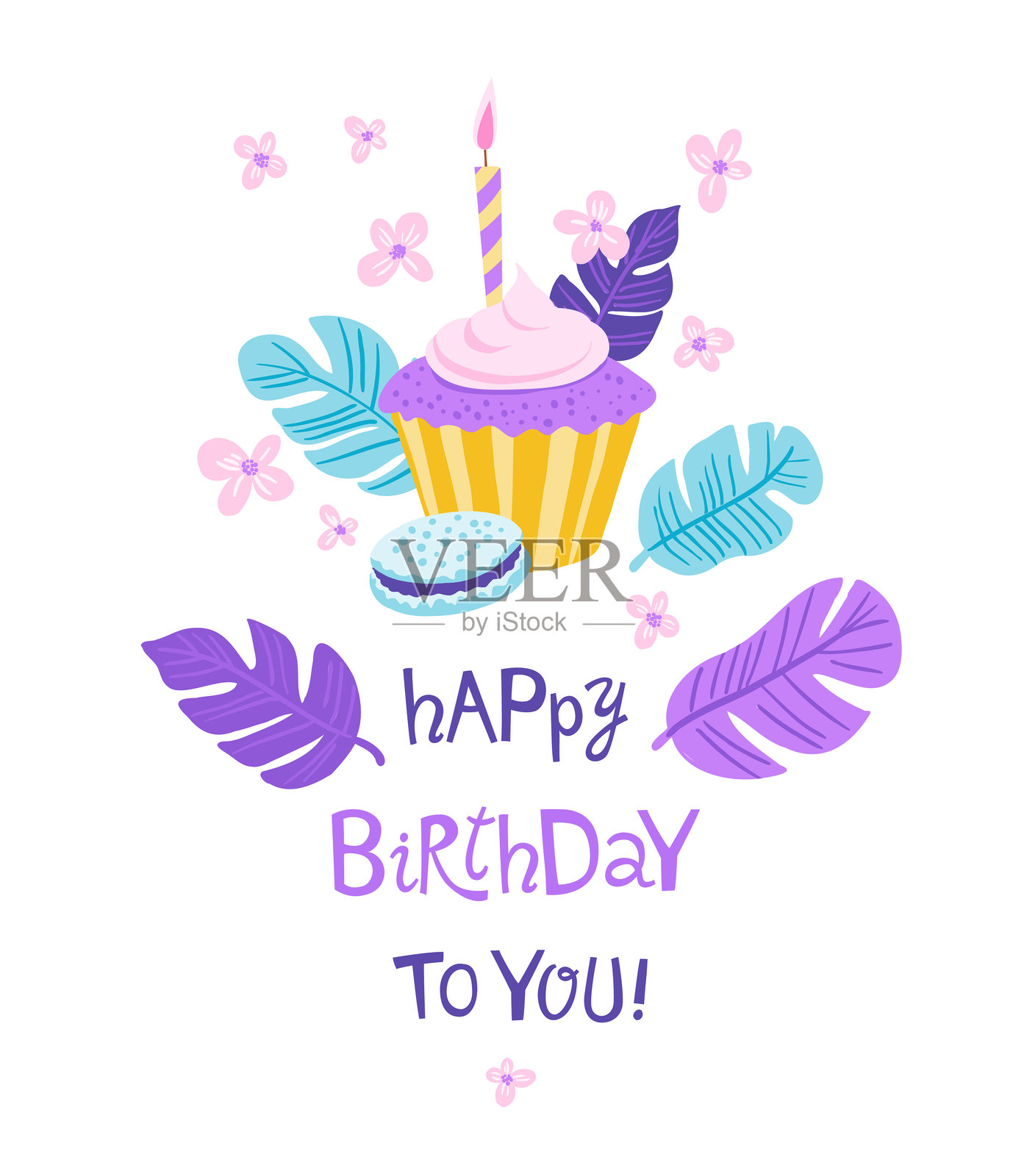 生日快乐卡片，配有杯子蛋糕、马卡龙和花朵插画图片素材