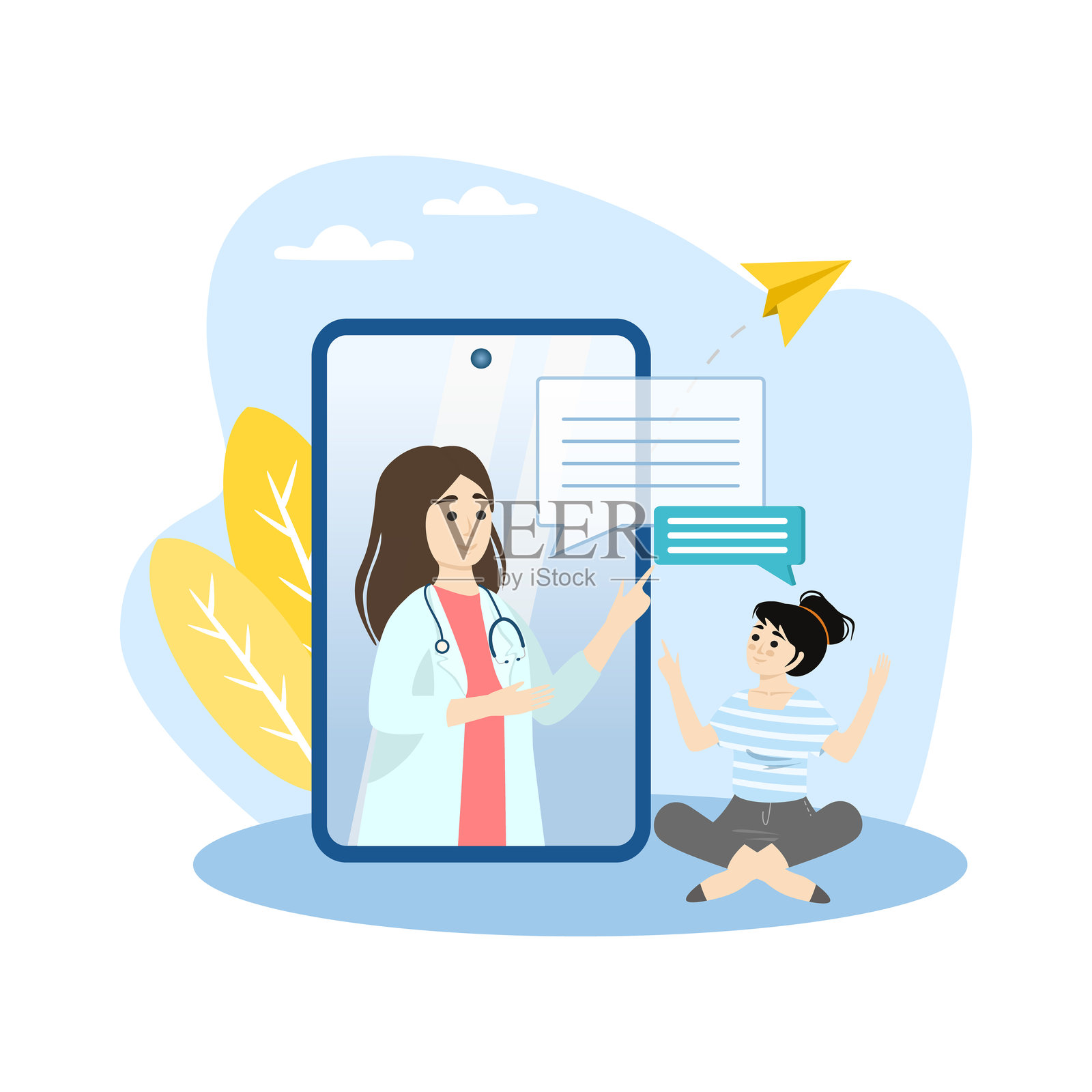 医生通过智能手机视频通话为患者提供在线医疗咨询插画图片素材