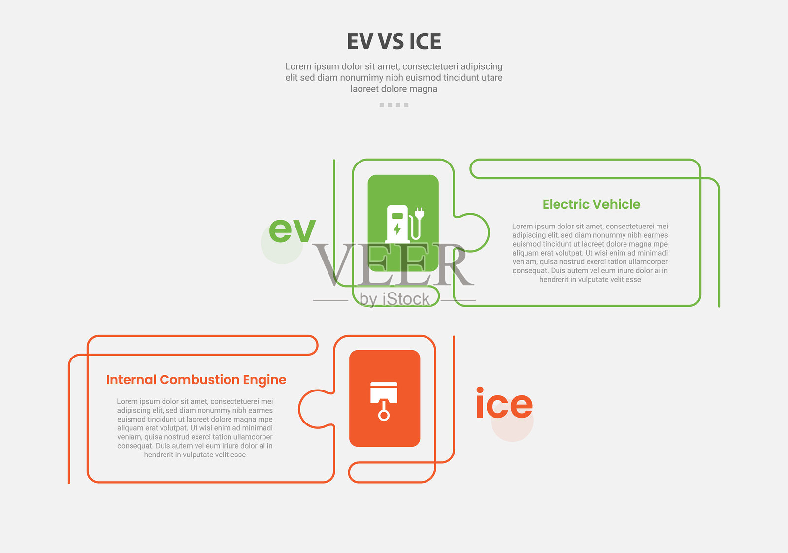 电动车与内燃机技术信息图表大纲风格，包含两点比较模板，创意矩形框，拼图风格，适用于幻灯片演示。插画图片素材