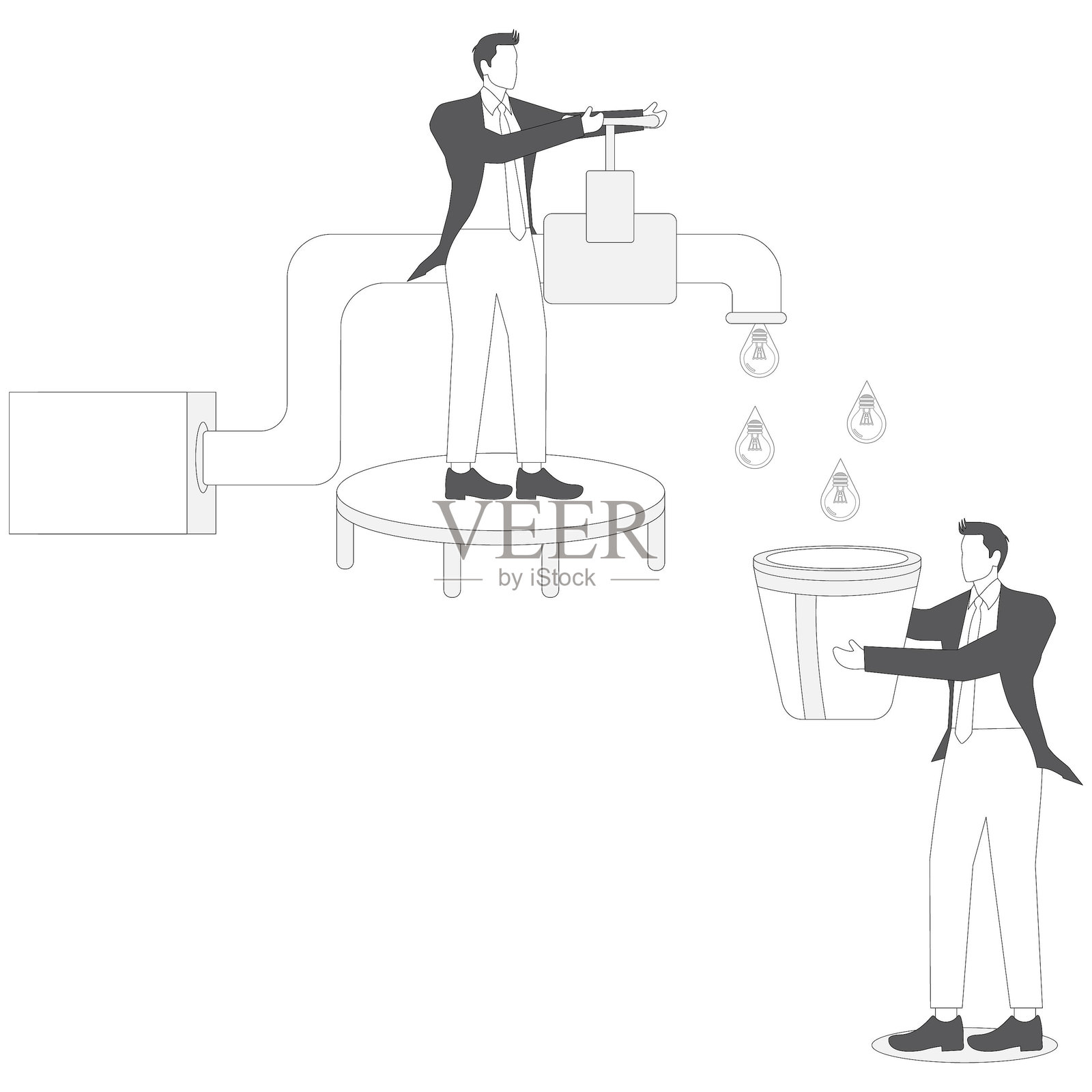 团队合作的男人正在打开水龙头，水流中带着一个创意的灯泡，另一位同事正拿着一个桶来接水。插画图片素材