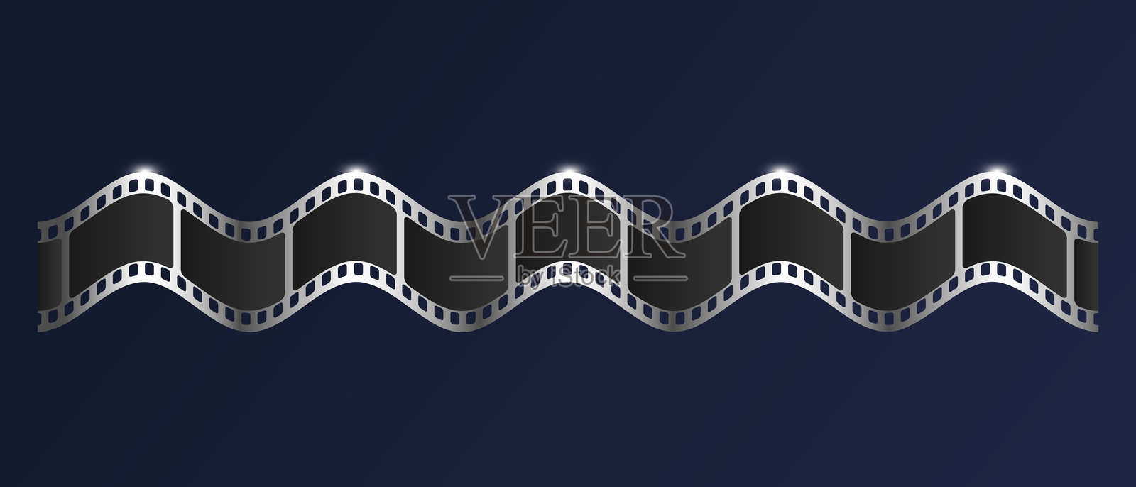 闪亮的银色波浪胶卷条，胶卷底片。弯曲的胶卷带丝带。矢量插图插画图片素材