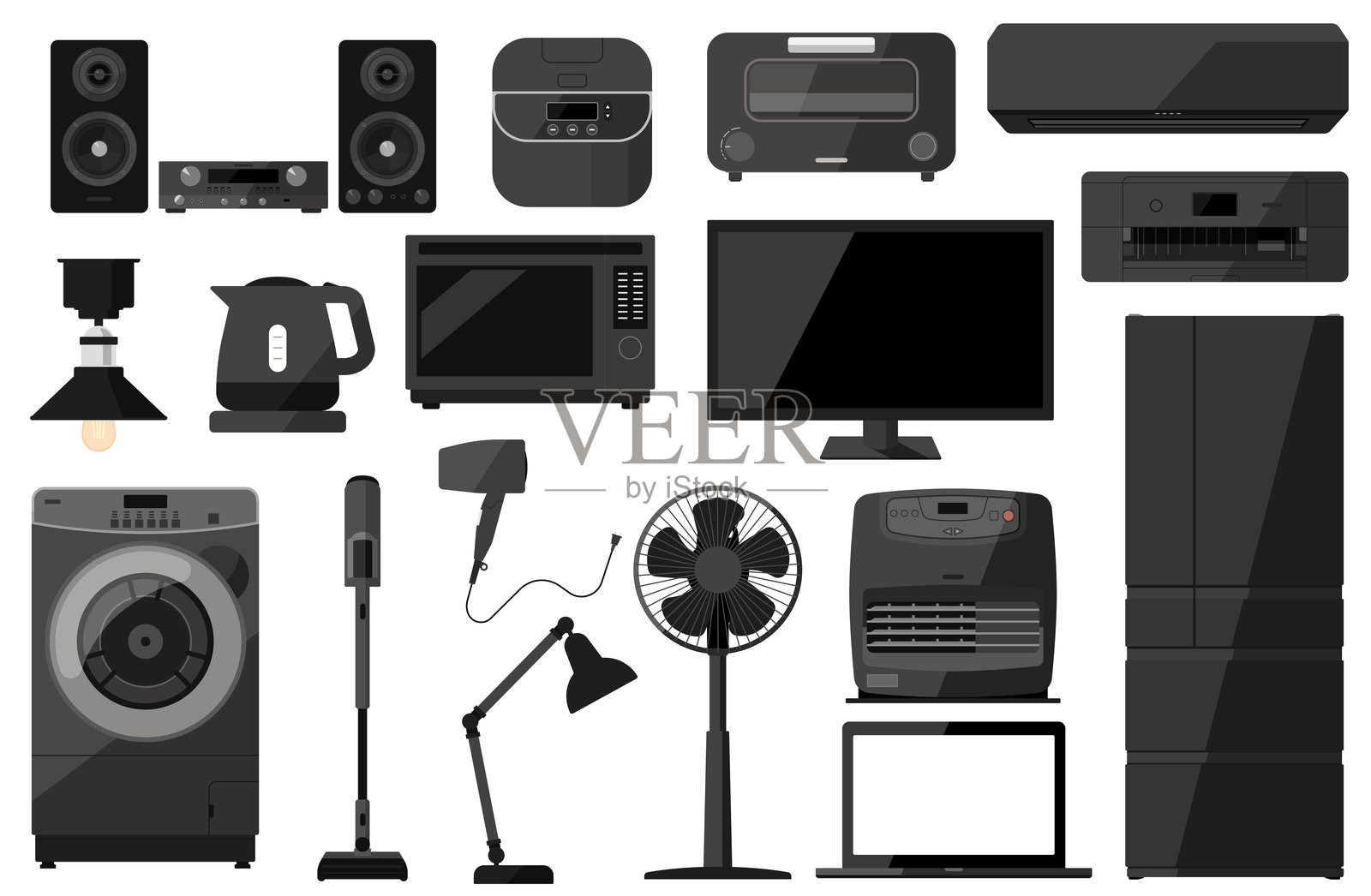 黑色家用电器矢量插图集：黑色煤油炉、电热水壶、扬声器组件、烤面包机插画图片素材