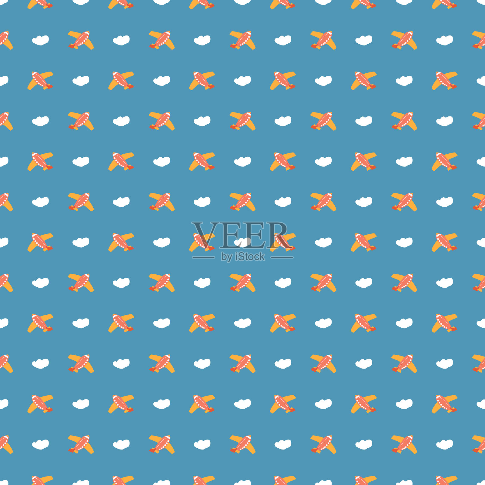 可爱的飞机和云朵无缝图案，儿童卡通背景，矢量插图插画图片素材