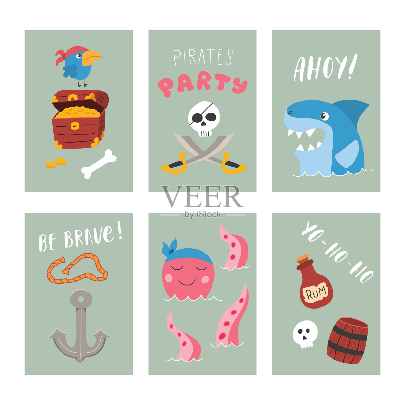 可爱的海盗卡片套装。卡通海洋冒险卡片系列。矢量插图插画图片素材