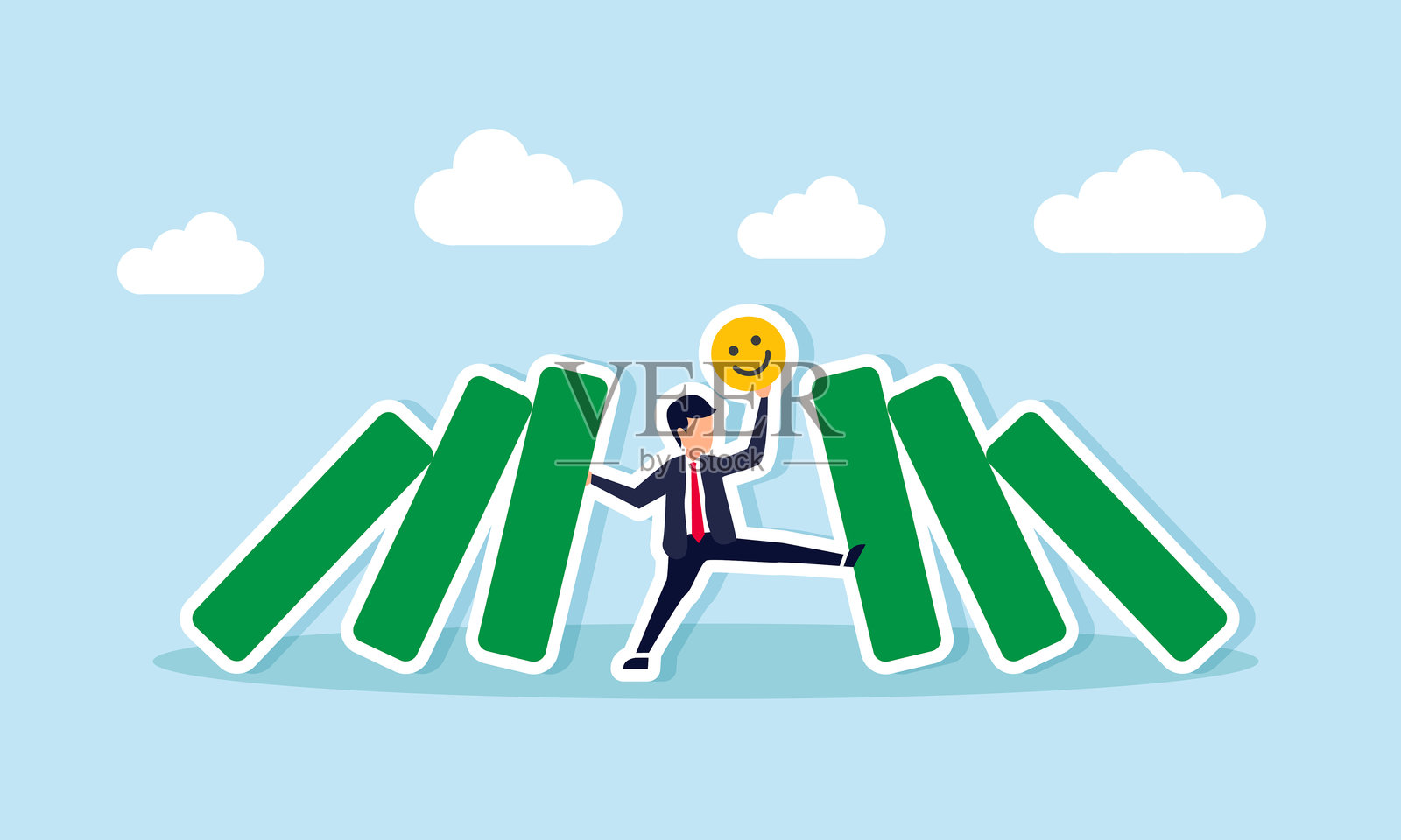 一位商人举起下落的方块，同时拯救一个快乐或微笑的表情符号，插图展示了在商业挑战中保持参与感。插画图片素材