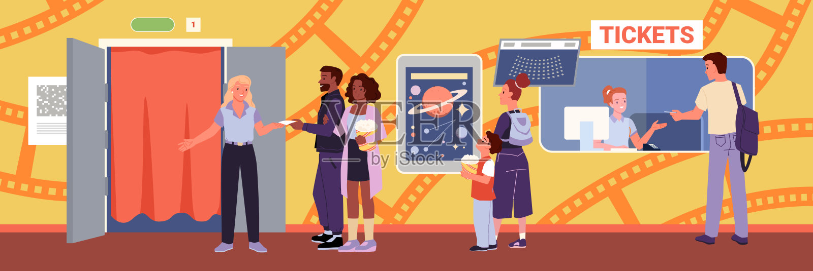 电影院里的人们，角色们带着家人去看电影，递上票。插画图片素材