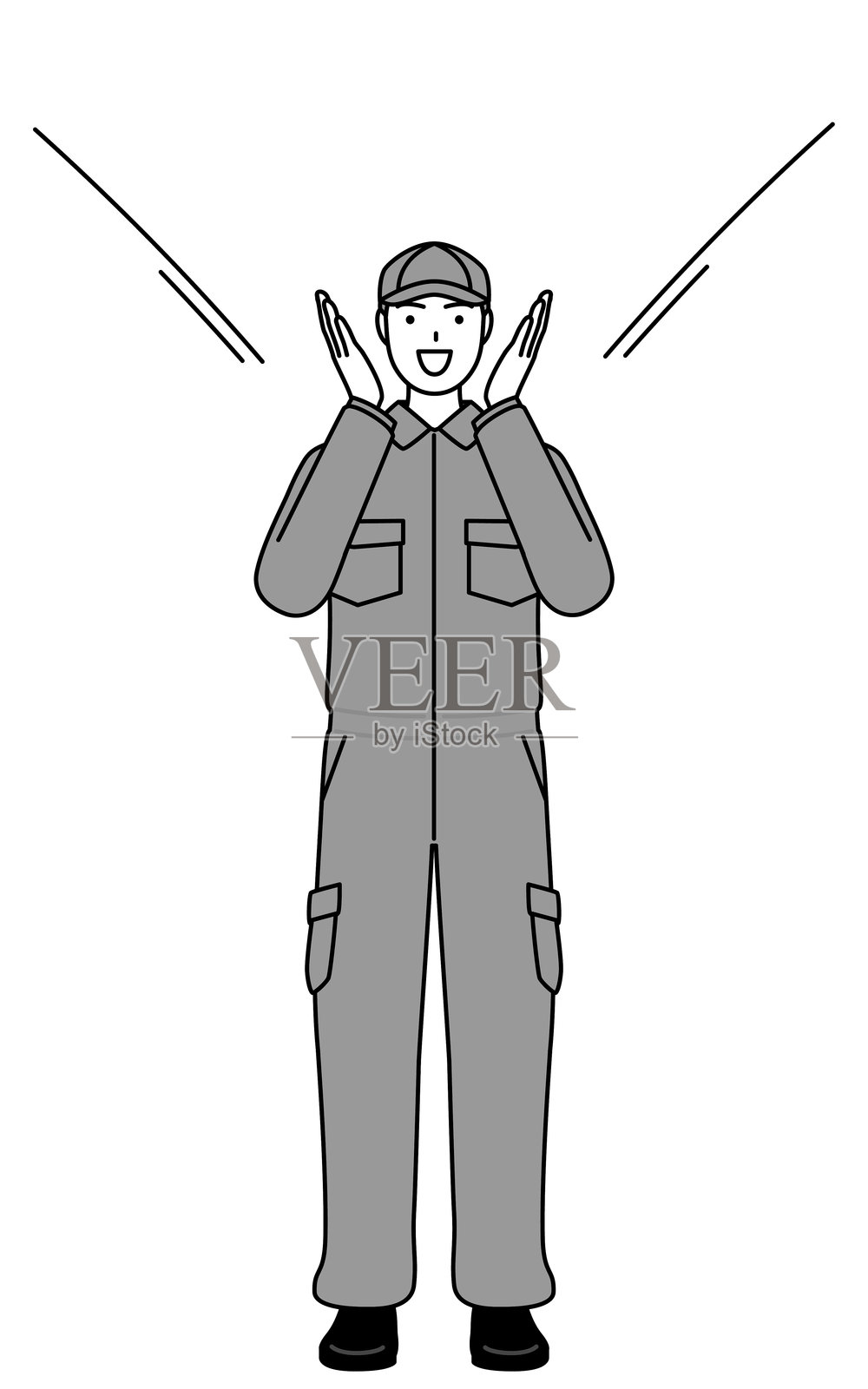 一名穿着工作服的机械师用手捂住嘴巴大声呼喊。插画图片素材