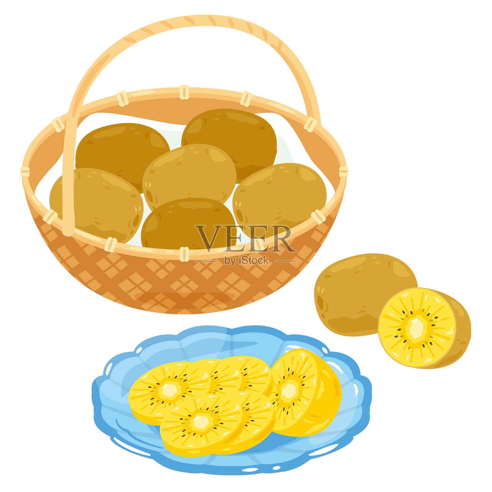 金色猕猴桃在篮子里的组合插画图片素材