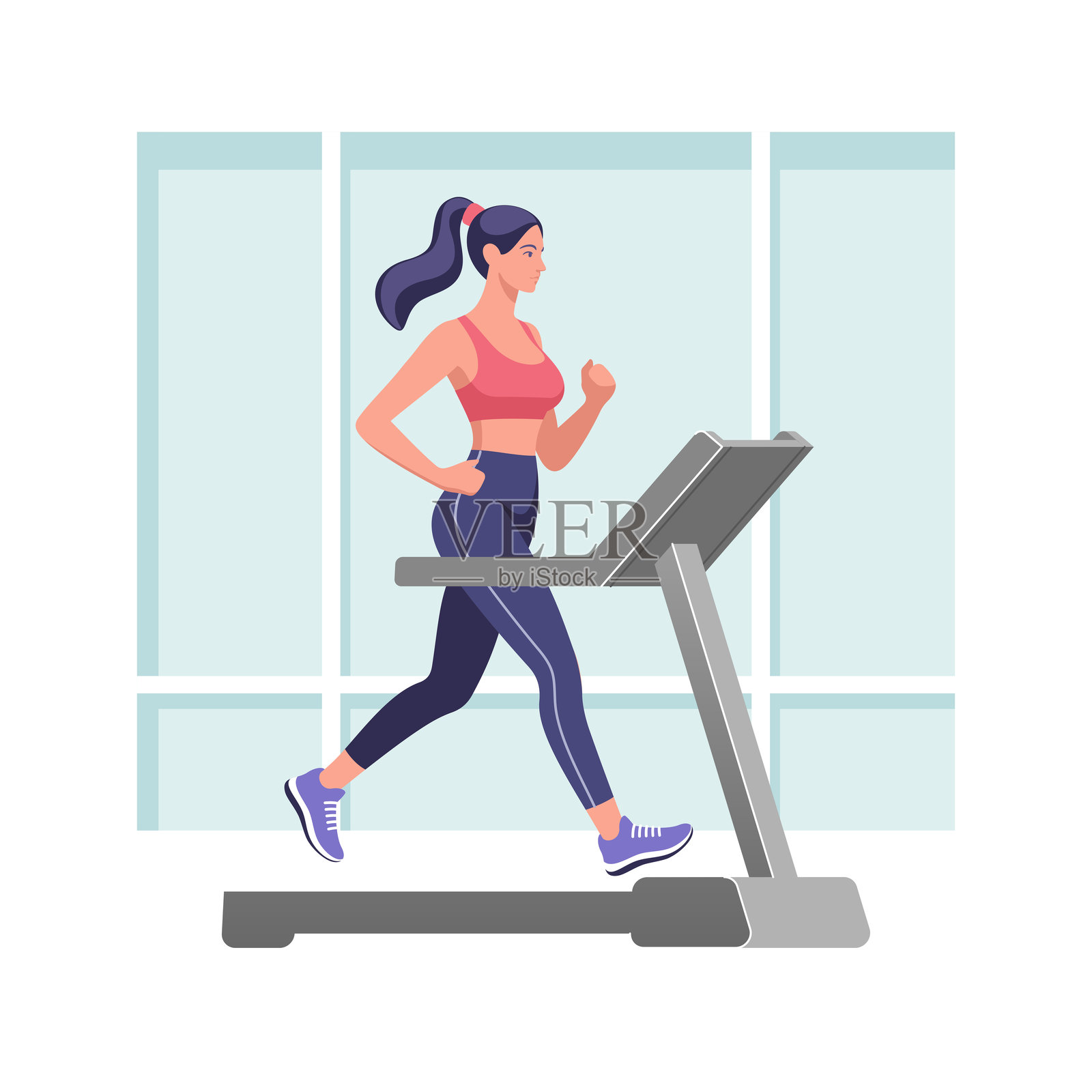健身。一位女性正在跑步机上锻炼。矢量插图。插画图片素材