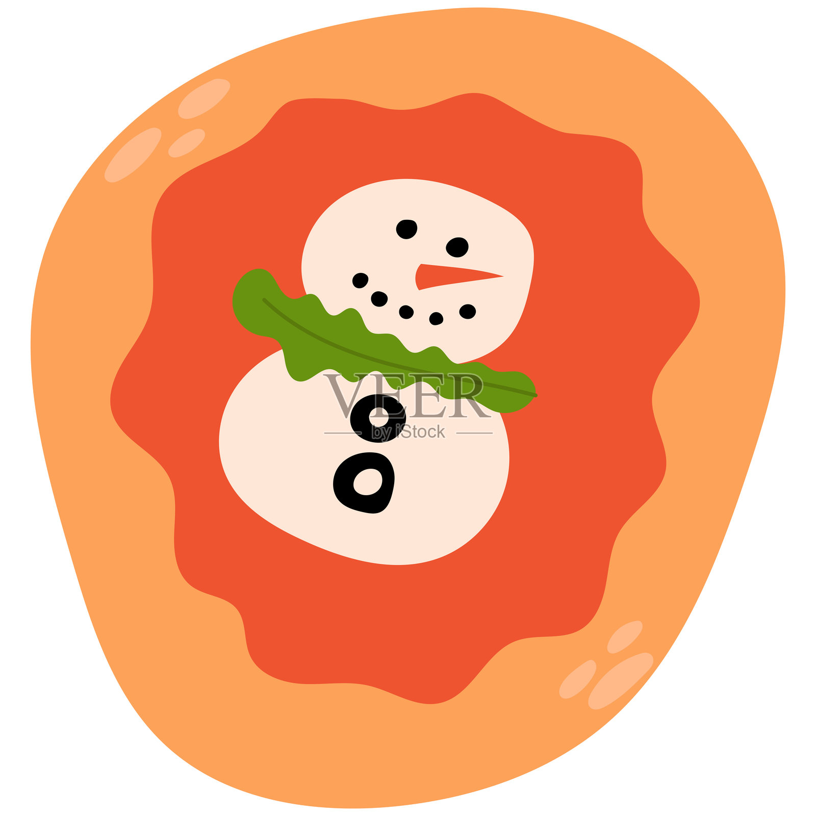 节日披萨，中间有一个奶酪雪人，配有橄榄、西红柿和新鲜香草。插画图片素材