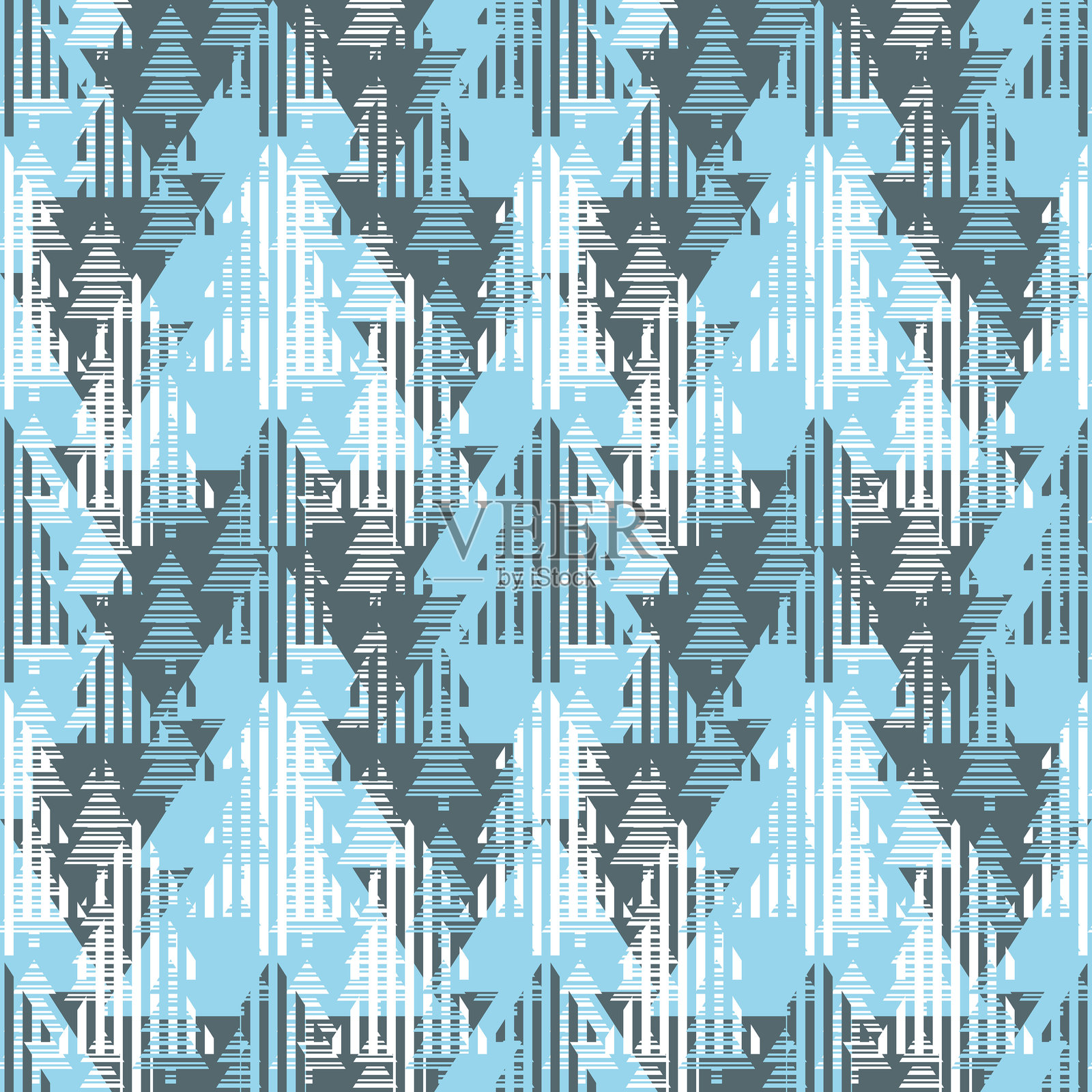 单色蓝色无缝矢量图案，带有条纹几何树木。插画图片素材