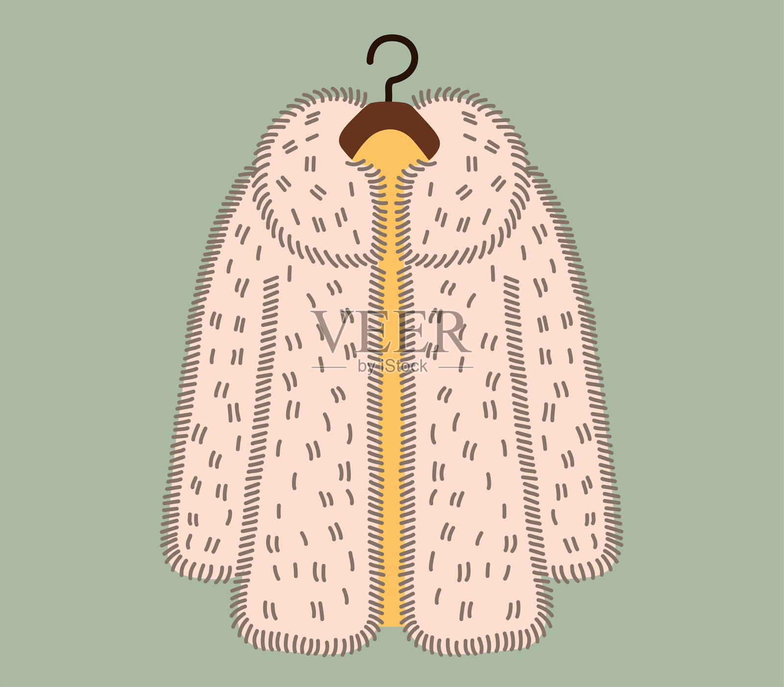 简约而优雅的豪华毛皮大衣挂在衣架上，展现平面风格插图。非常适合时尚、冬季服装和相关风格概念。插画图片素材